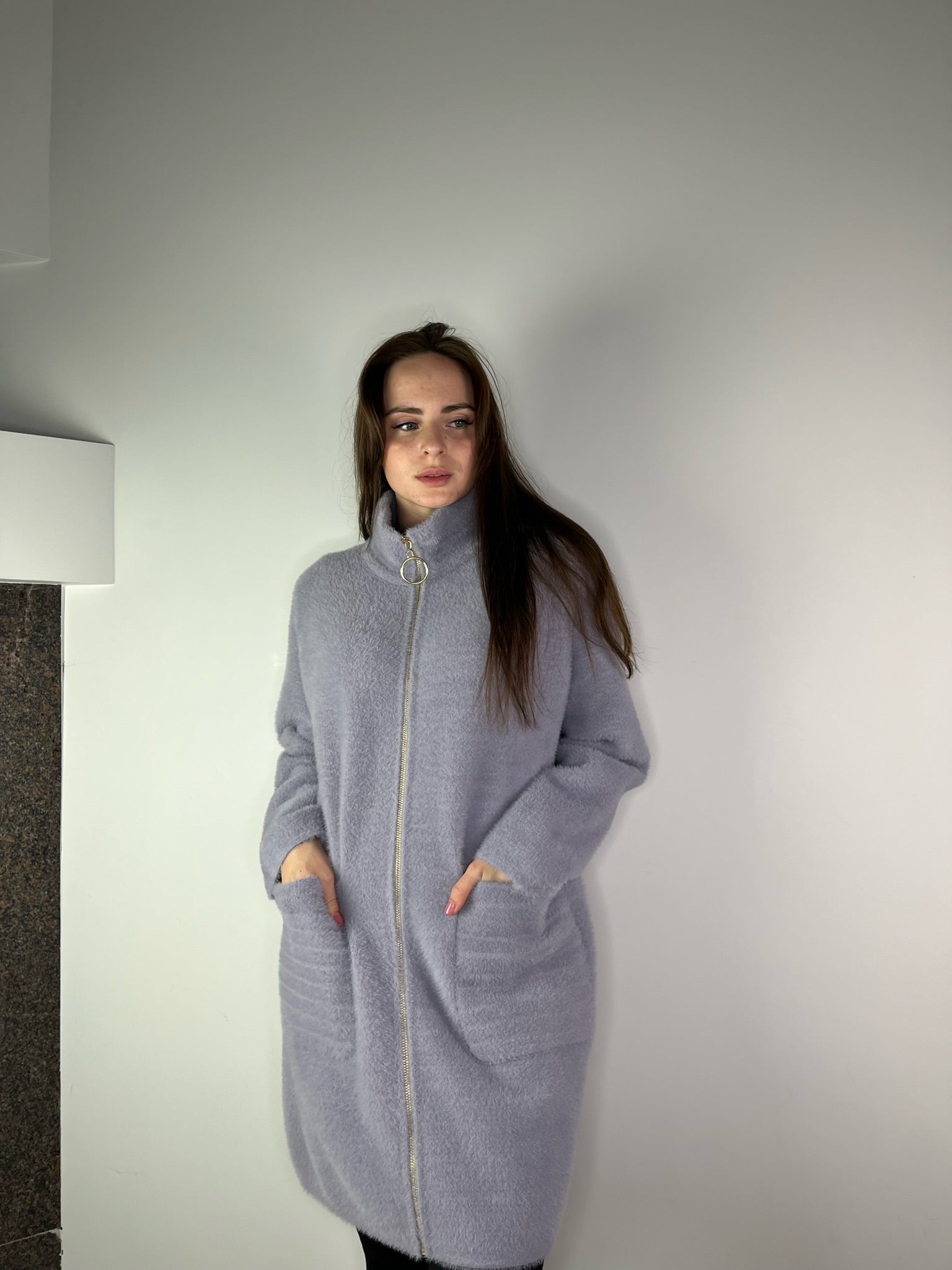 Grey Alpaca coat with horizontal lines
