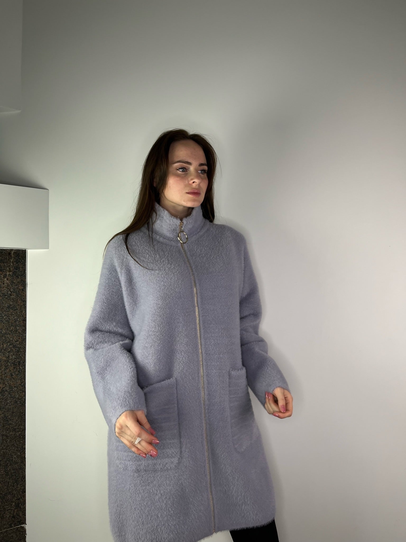 Grey Alpaca coat with horizontal lines