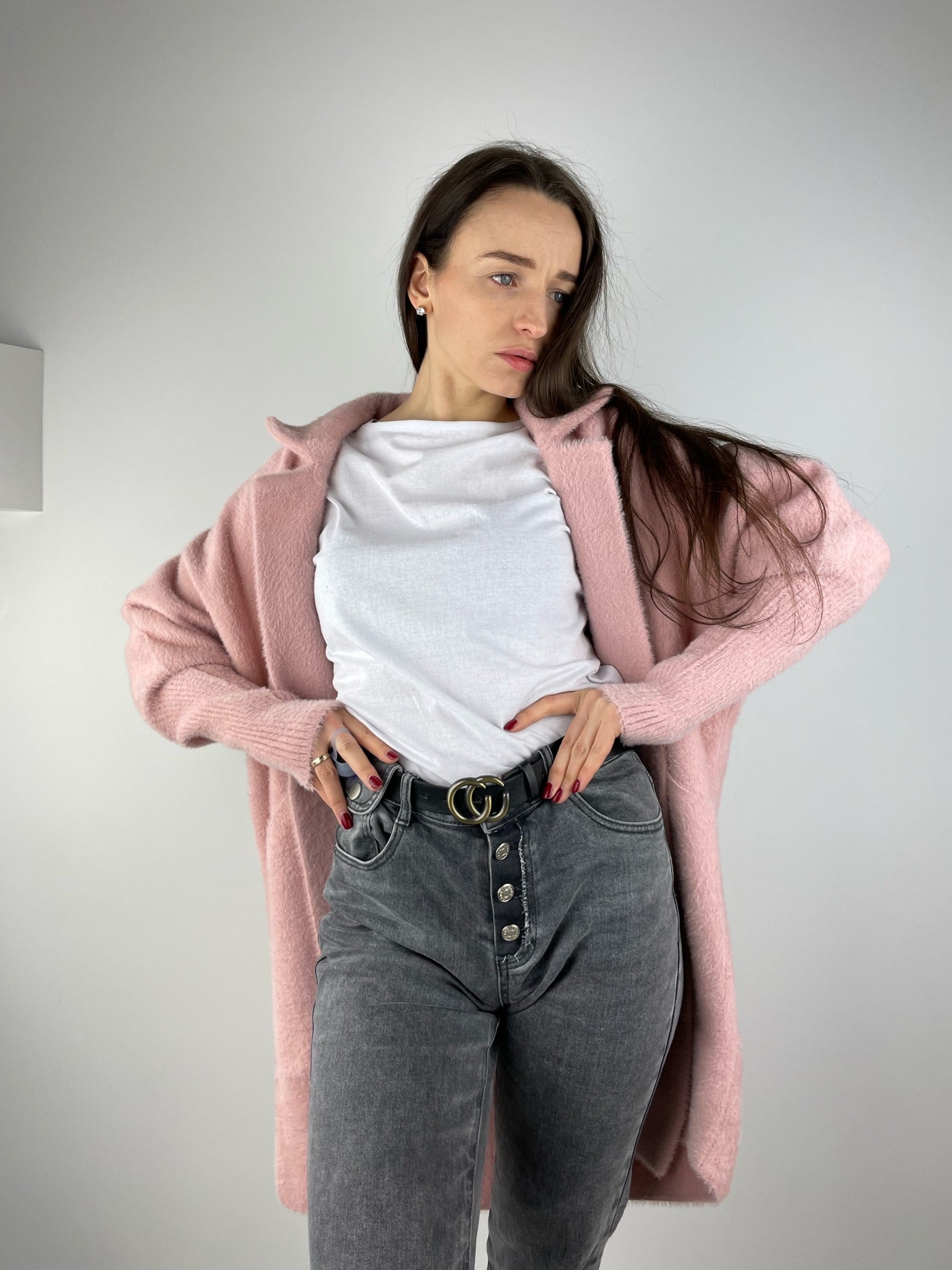 Gaiši rozā garš Alpakas mētelis