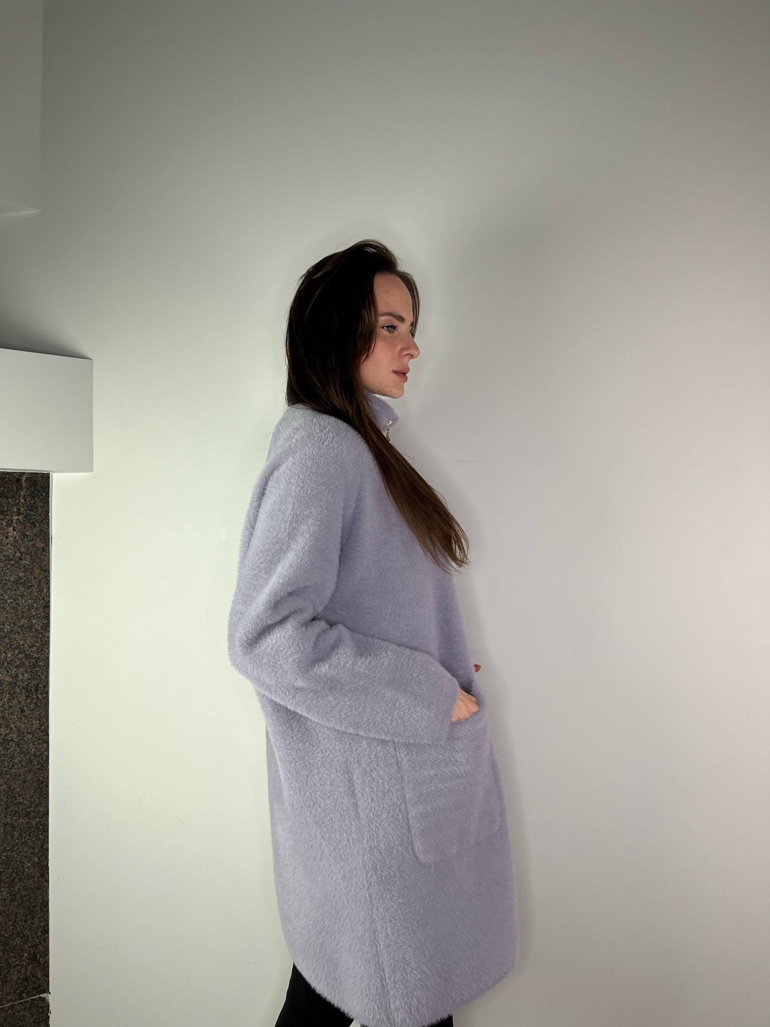Grey Alpaca coat with horizontal lines