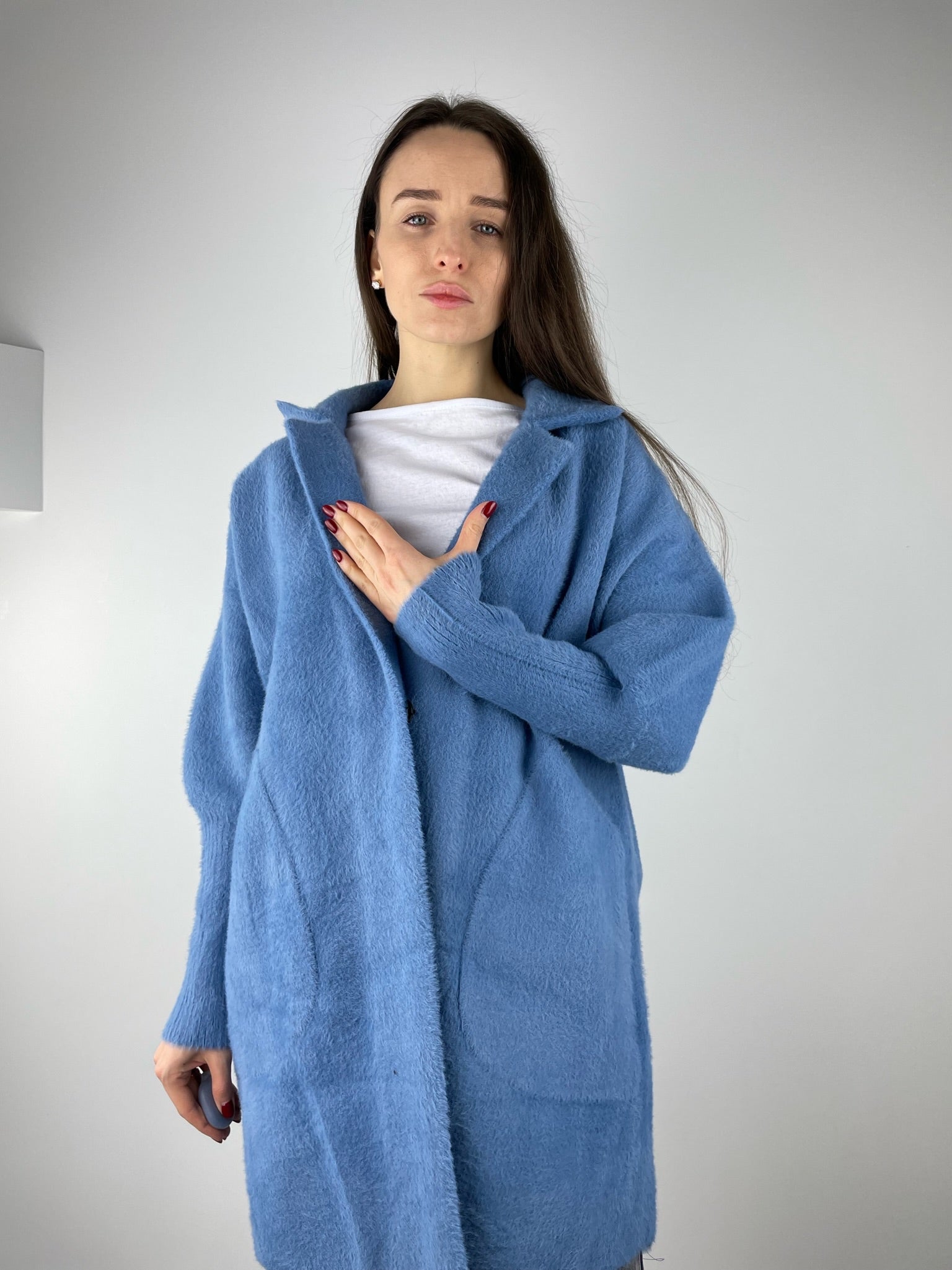 Zils/pelēks īss Alpakas mētelis (OS)