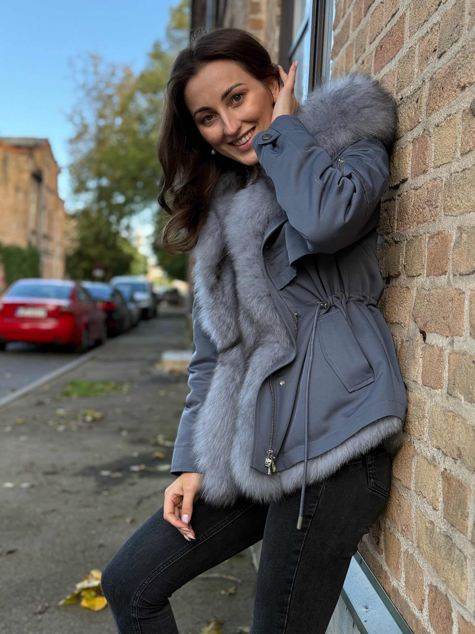 Parka Baltic XM zila - pelēka ar pelēku Artic kažokādu un oderi REX truša kažokāda sievietēm 70 cm