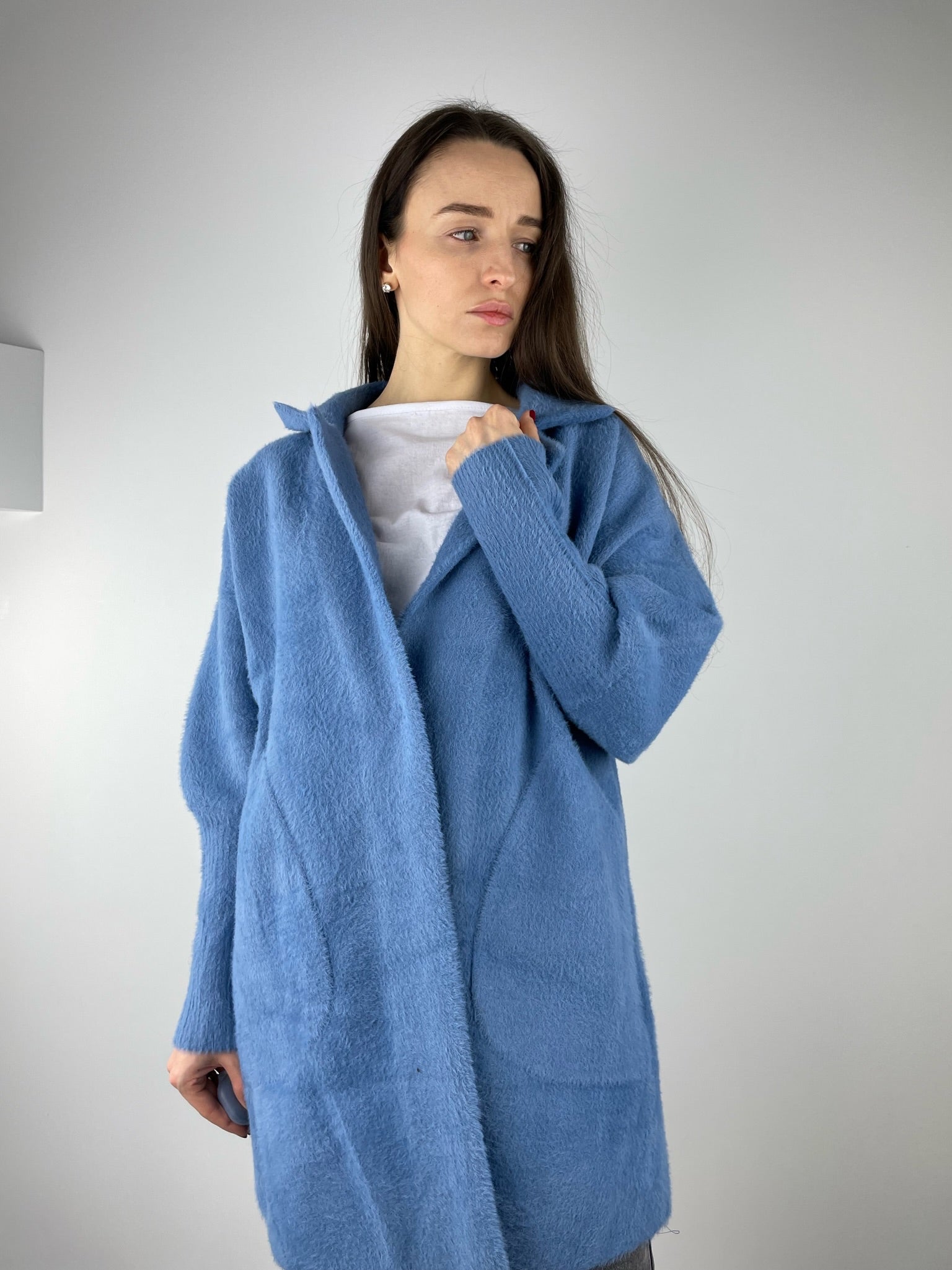 Zils/pelēks īss Alpakas mētelis (OS)