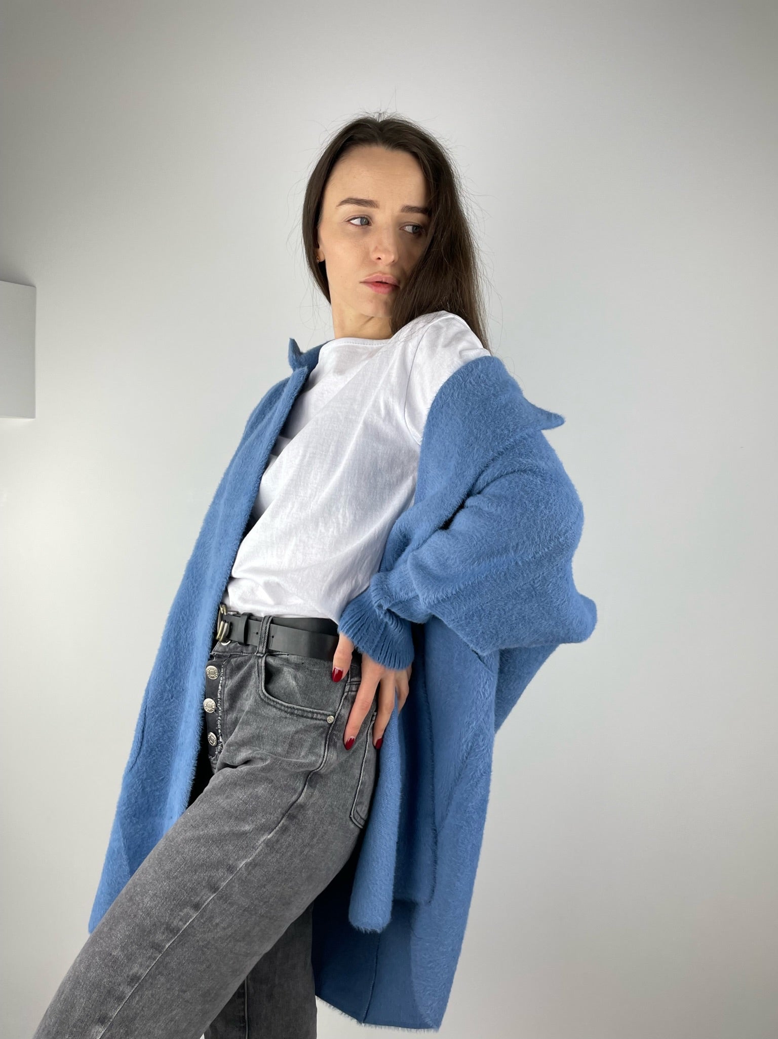 Zils/pelēks īss Alpakas mētelis (OS)