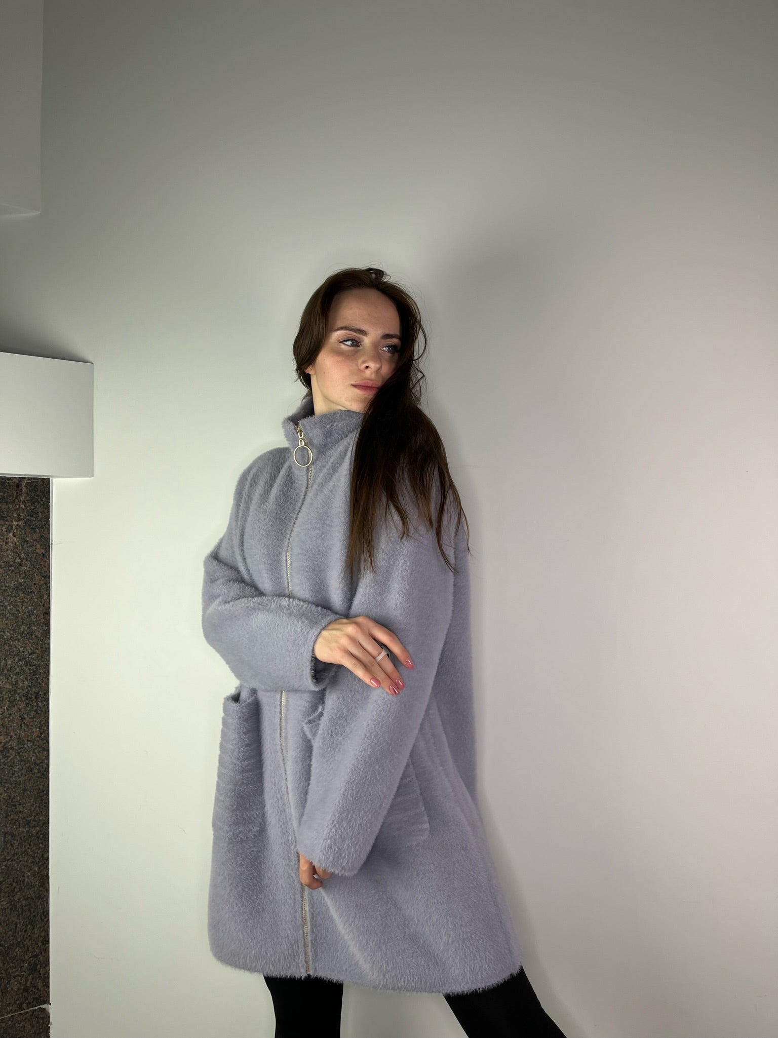 Grey Alpaca coat with horizontal lines