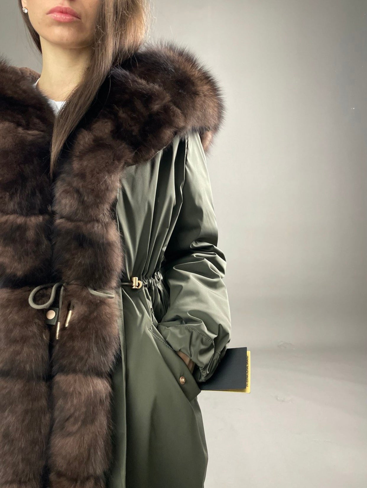 PARKA LUX Green color (103) with Brown fox fur (M3) / Rex for women 95 cm