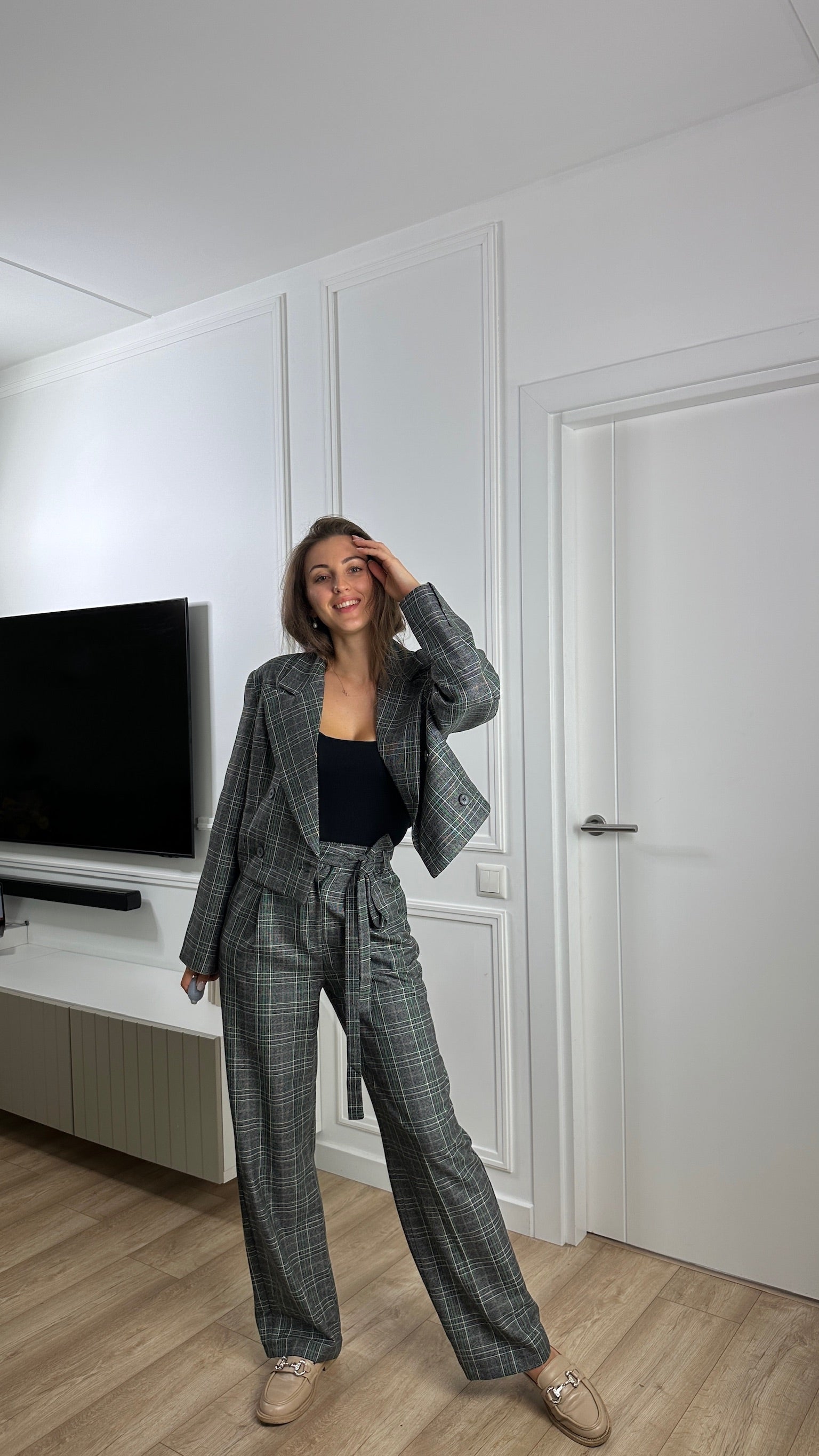 Grey Pantsuit with shortened jacket