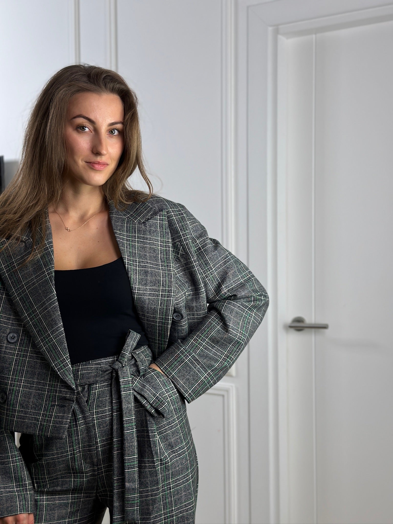 Grey Pantsuit with shortened jacket