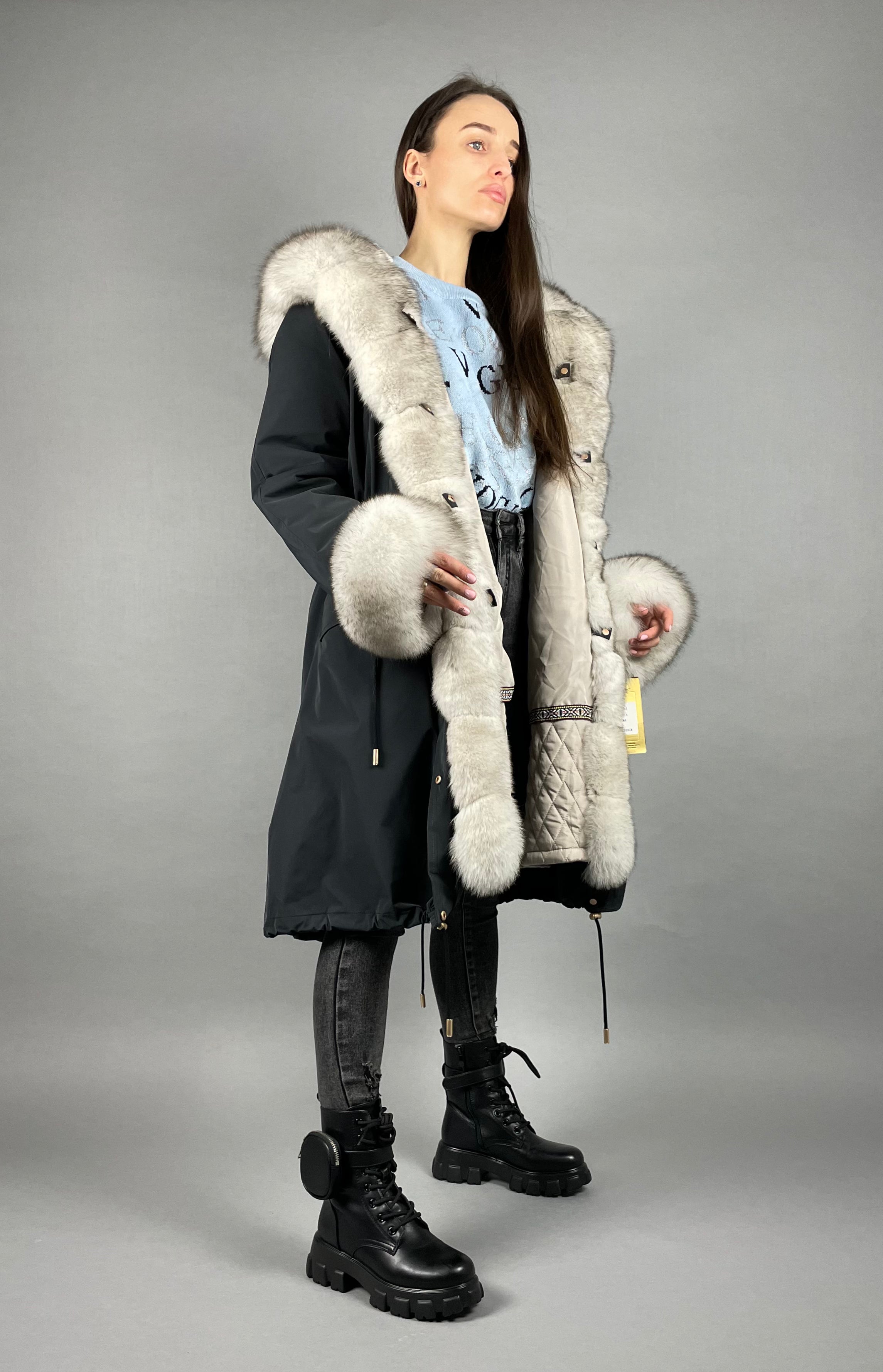 PARKA LUX Graphite color (BF14) with White fox fur (M4) / Rex for women 103 cm