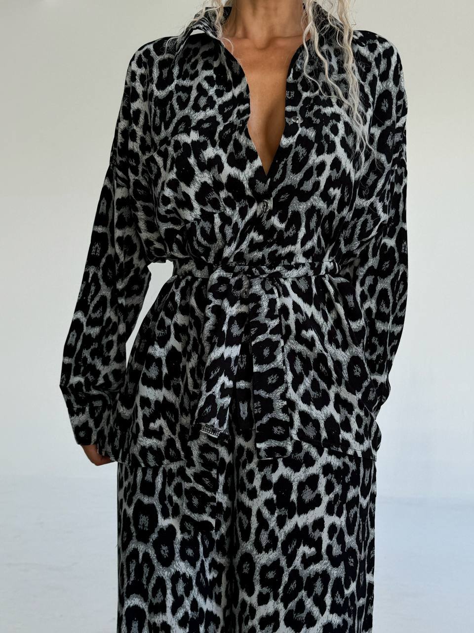 Leopard Print Contrast Trim Long Sleeve Shirt and Drawstring Ruffle Hem Shorts Set