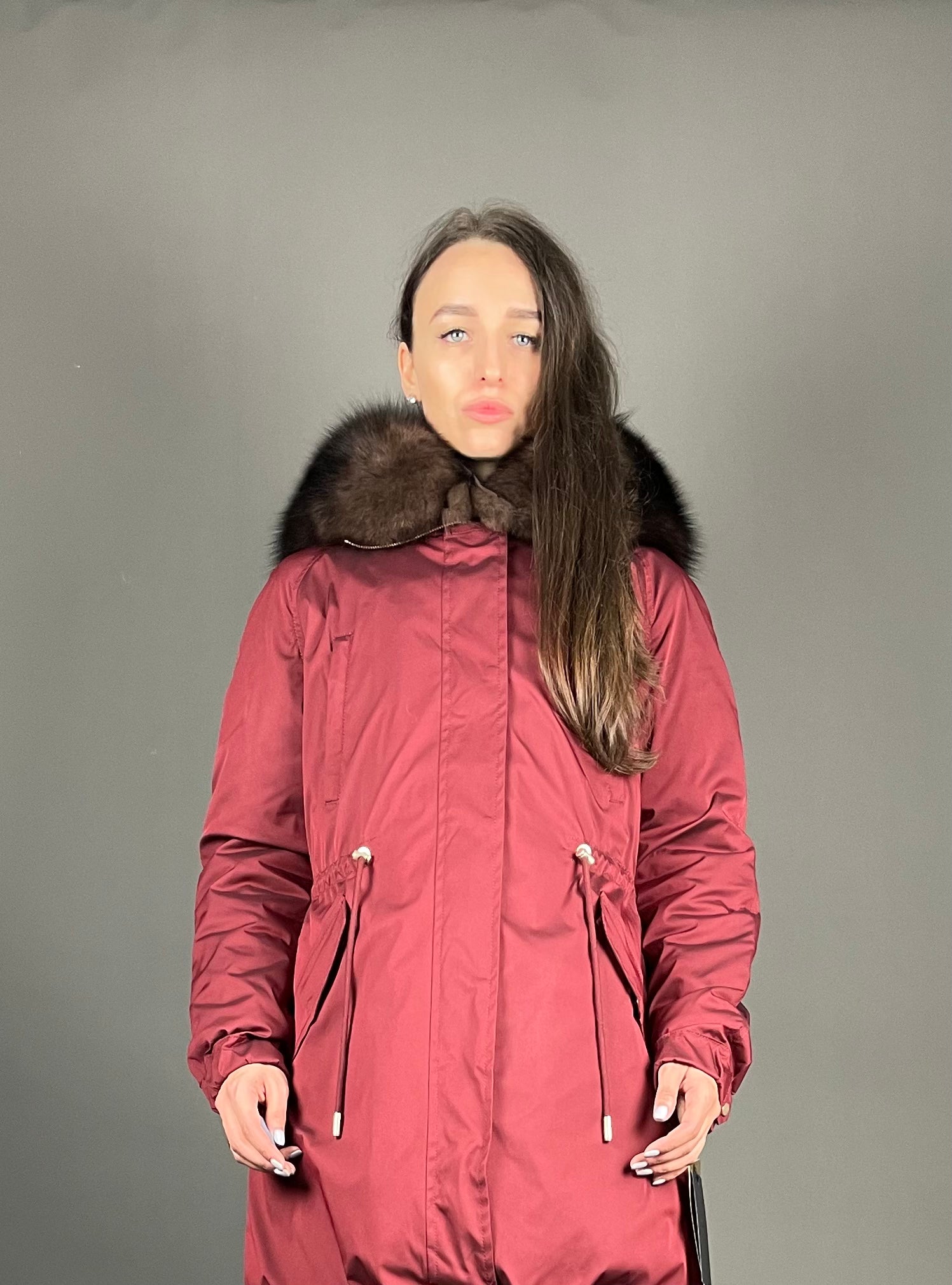 Parka LUX Bordo ar Brown Artic kažokādu un Rex truša kažokādu sievietēm 95 cm