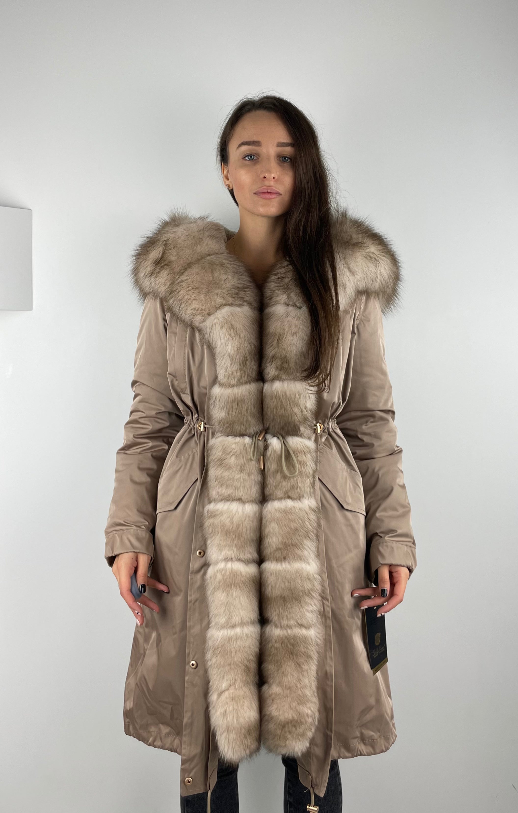 PARKA LUX Camel (92) with White-yellow fur (M66) / Rex Lux for women 103 cm