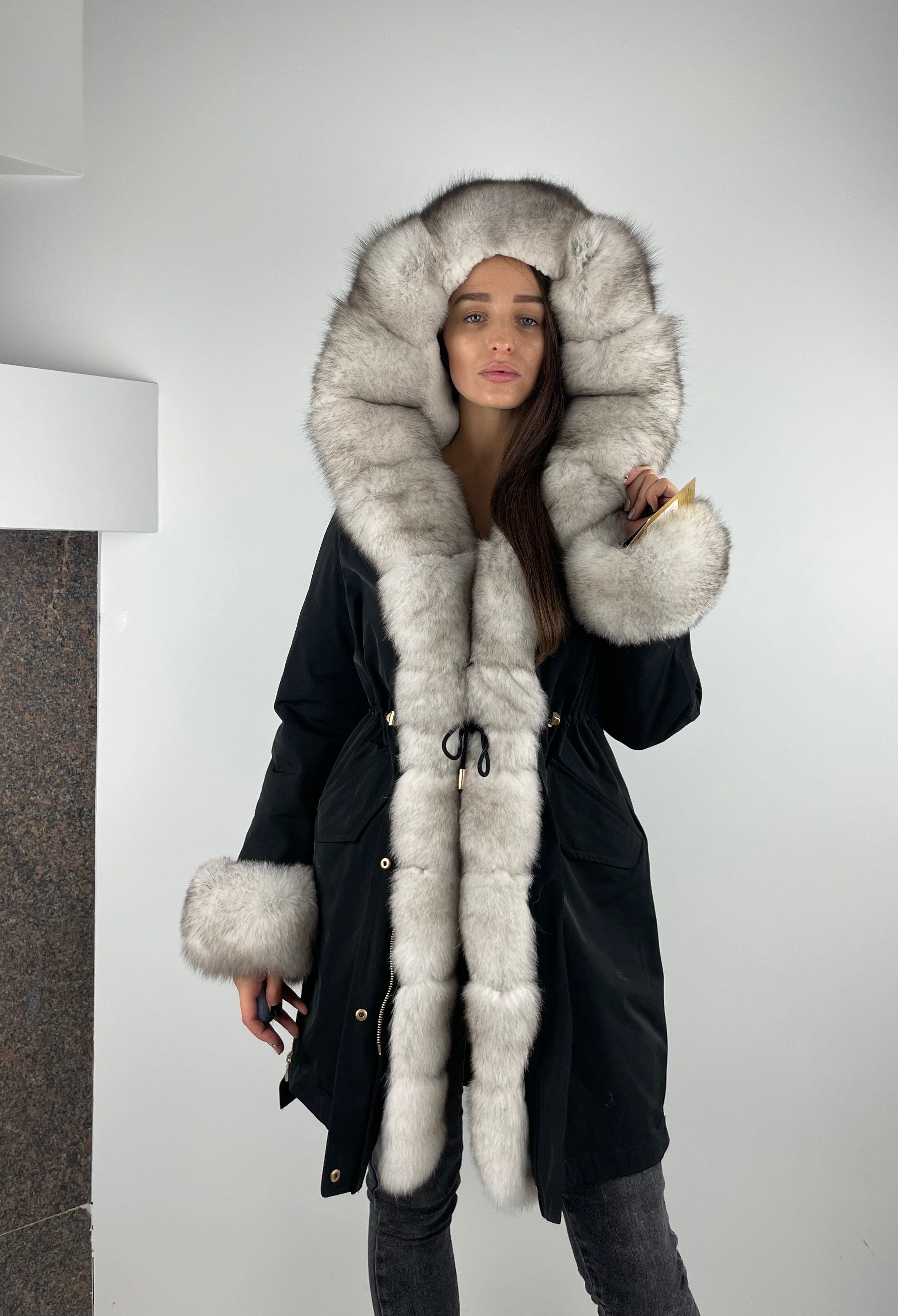 Parka LUX Black (BF99) with White fur (M4) / Rex for women 95 cm
