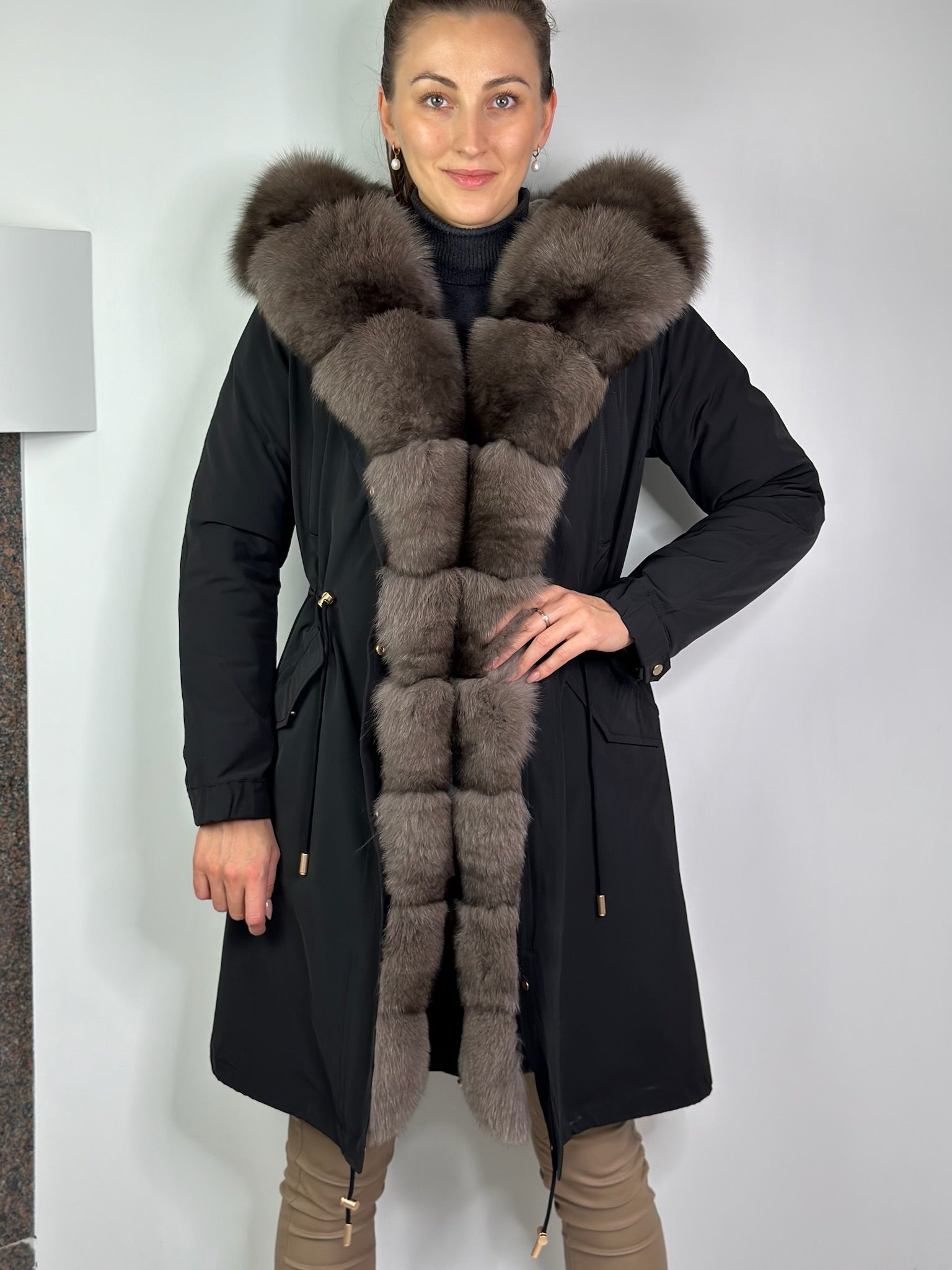 Parka LUX Black with Grey Artic fur and lining REX rabbit fur FOR WOMEN 95 cm