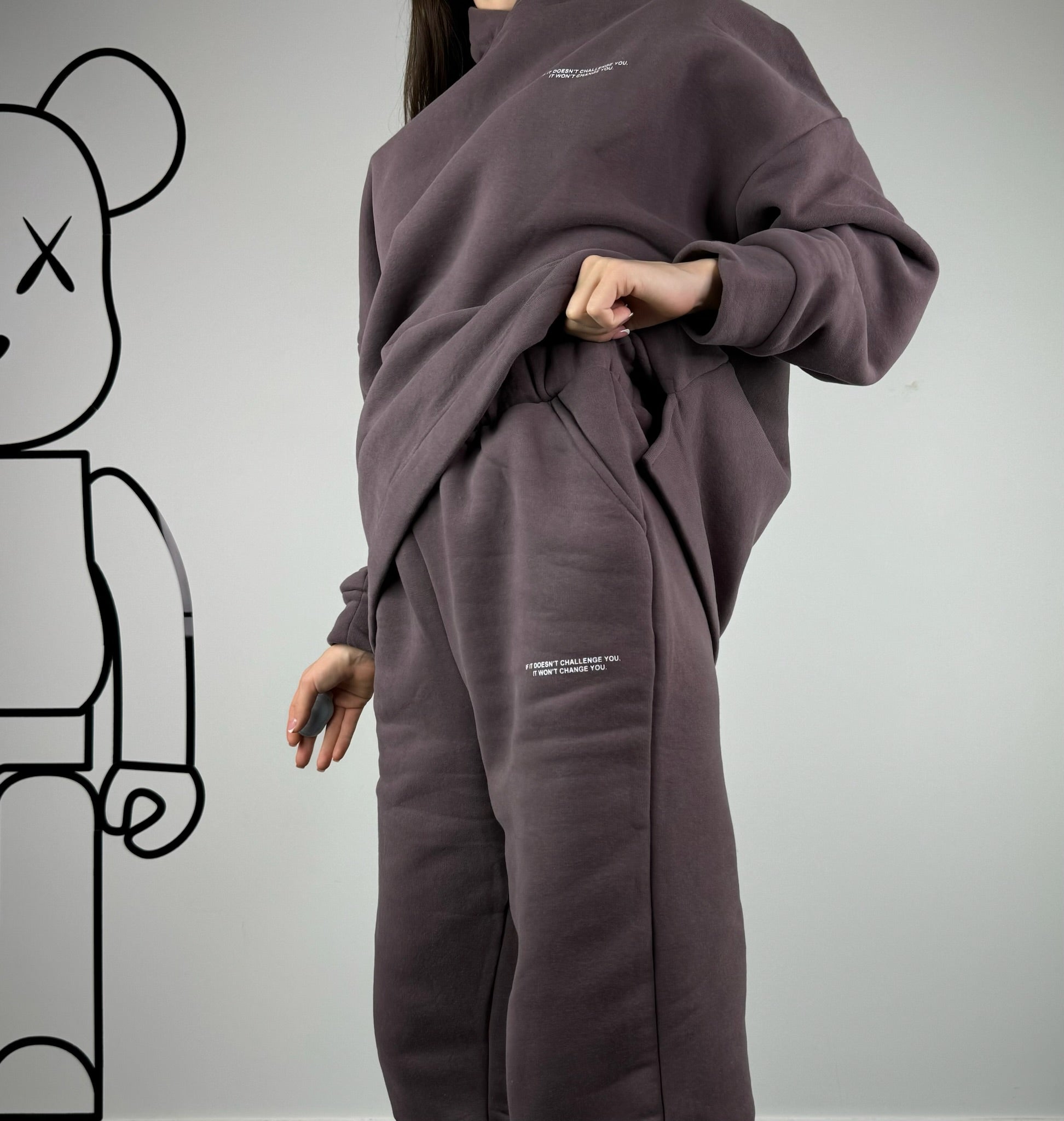 Коричневый костюм оверсайз из флиса-двойки