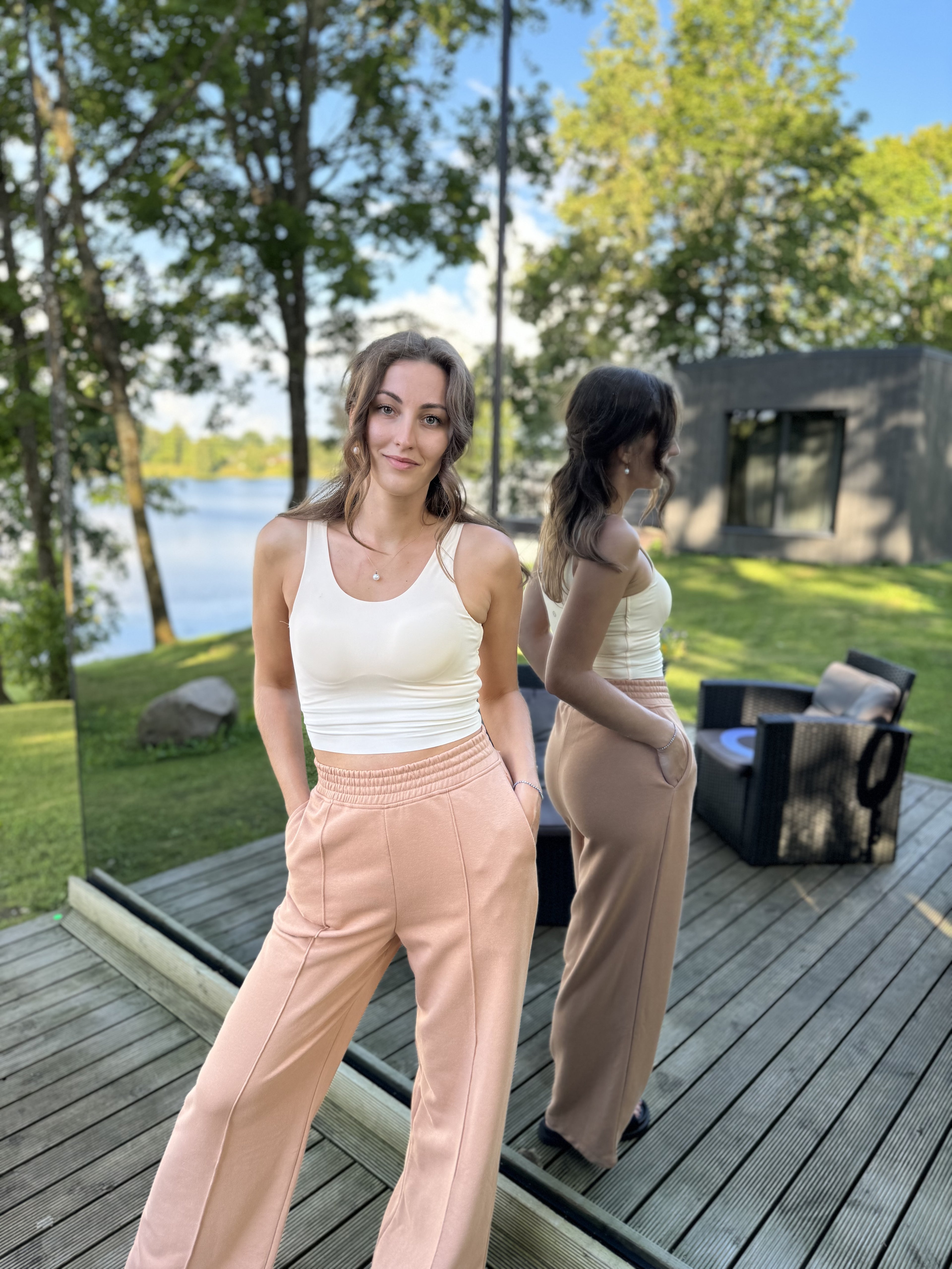 Beigie trikotāžas Palaco bikses 01162