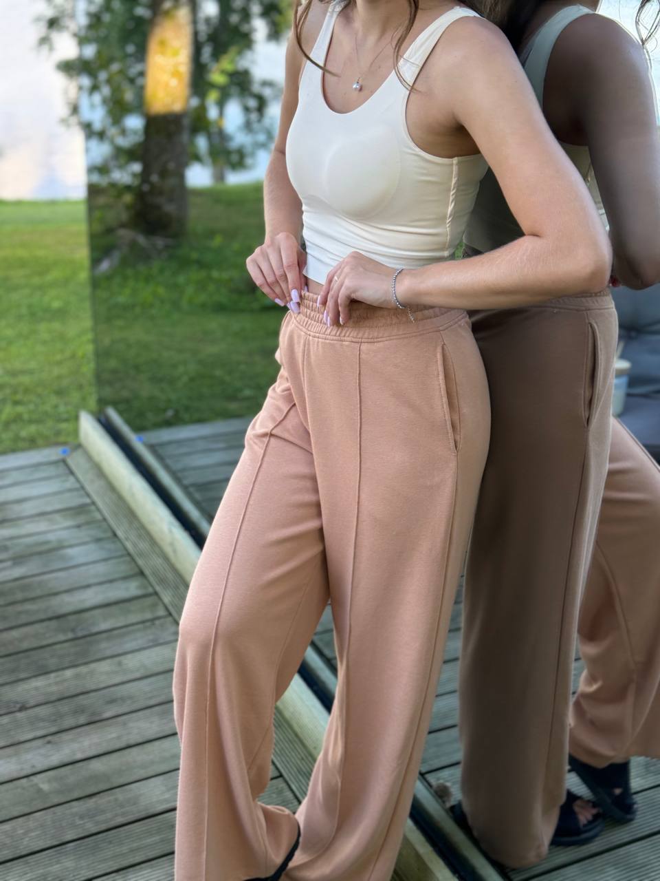 Beigie trikotāžas Palaco bikses 01162