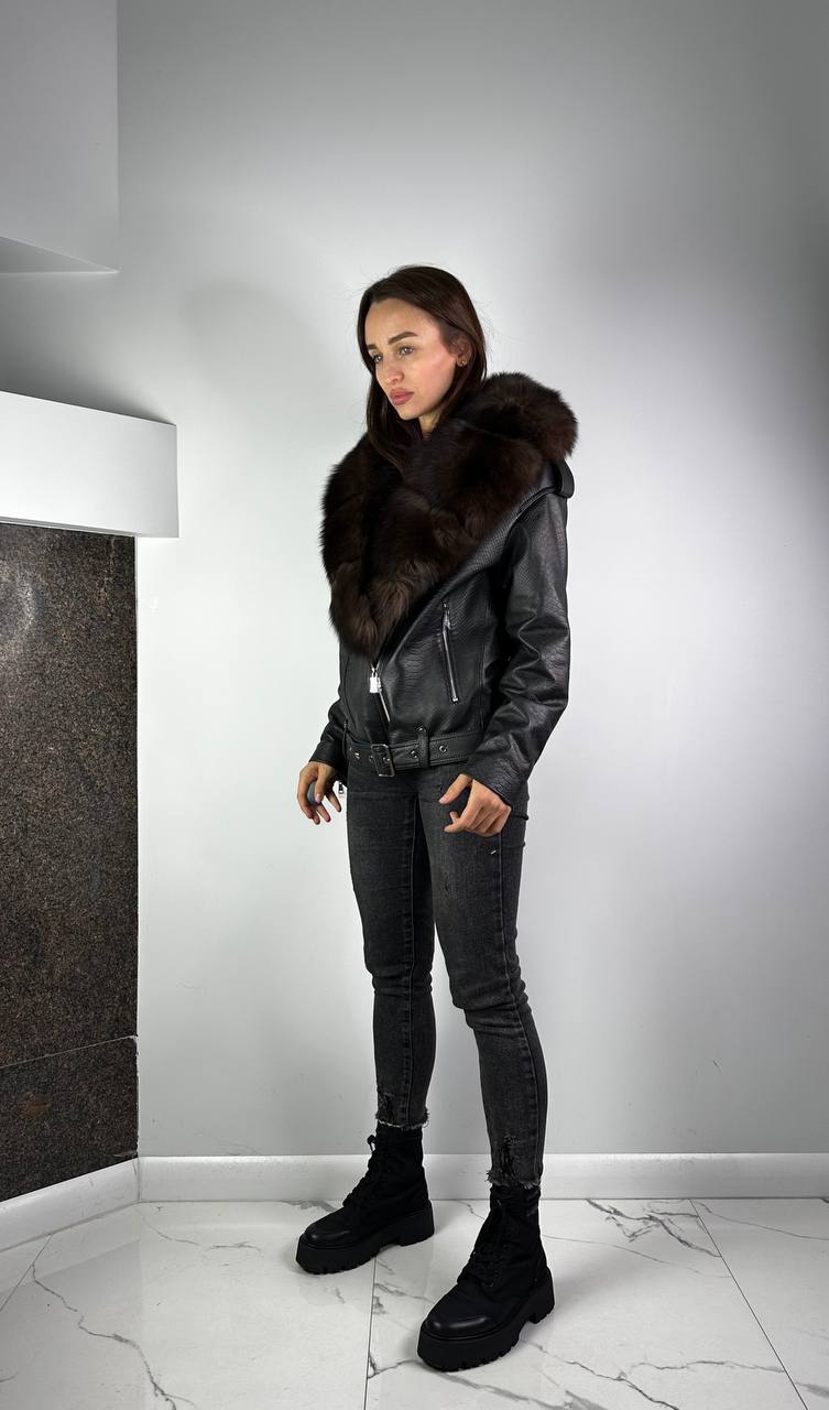 Ādas jaka ar kažokādu Melna/Brūna sievietēm