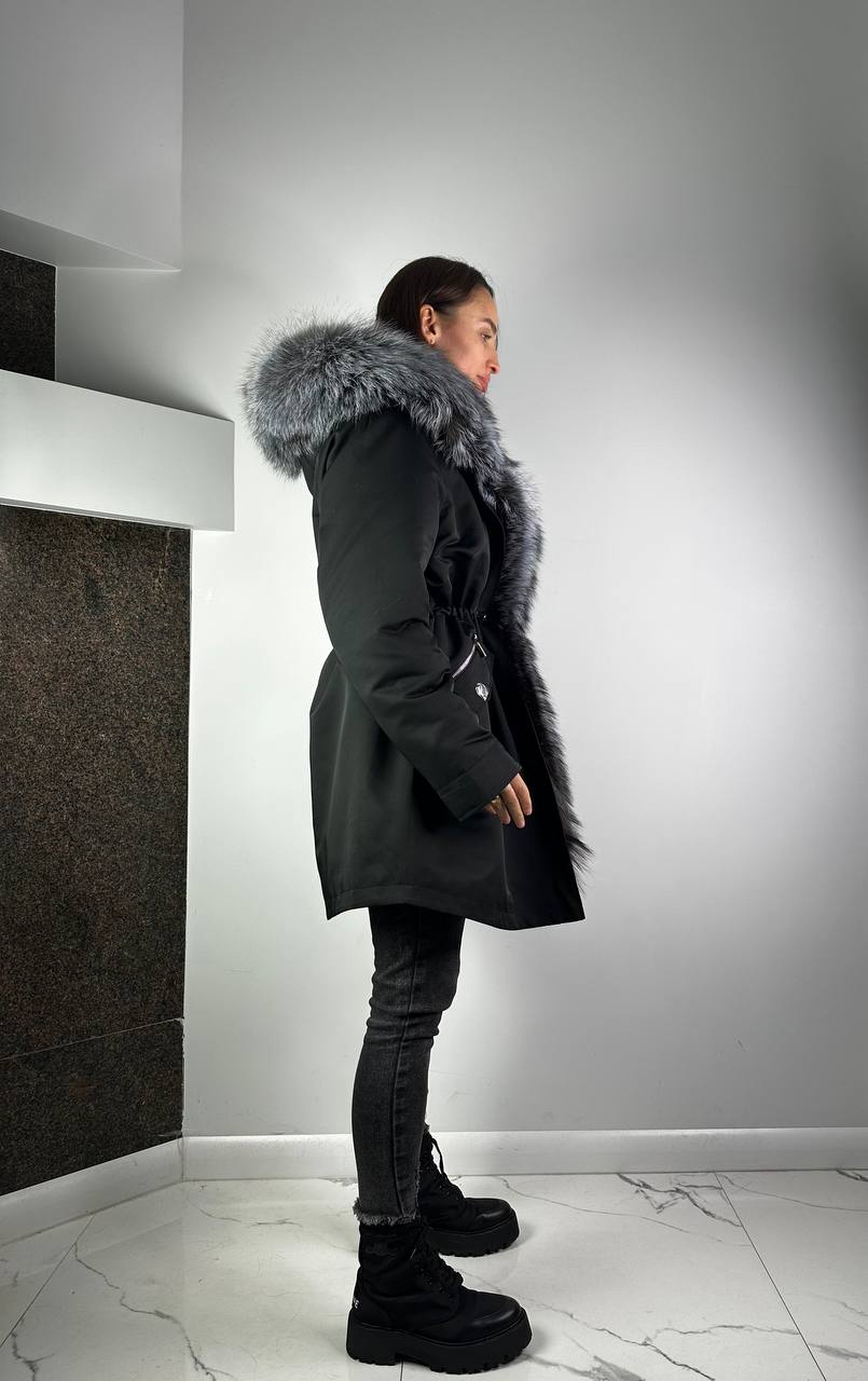 PARKA Baltic XM Black ar Sudraba lapsas kažokādu un oderi Rex truša kažokāda sievietēm 90 cm