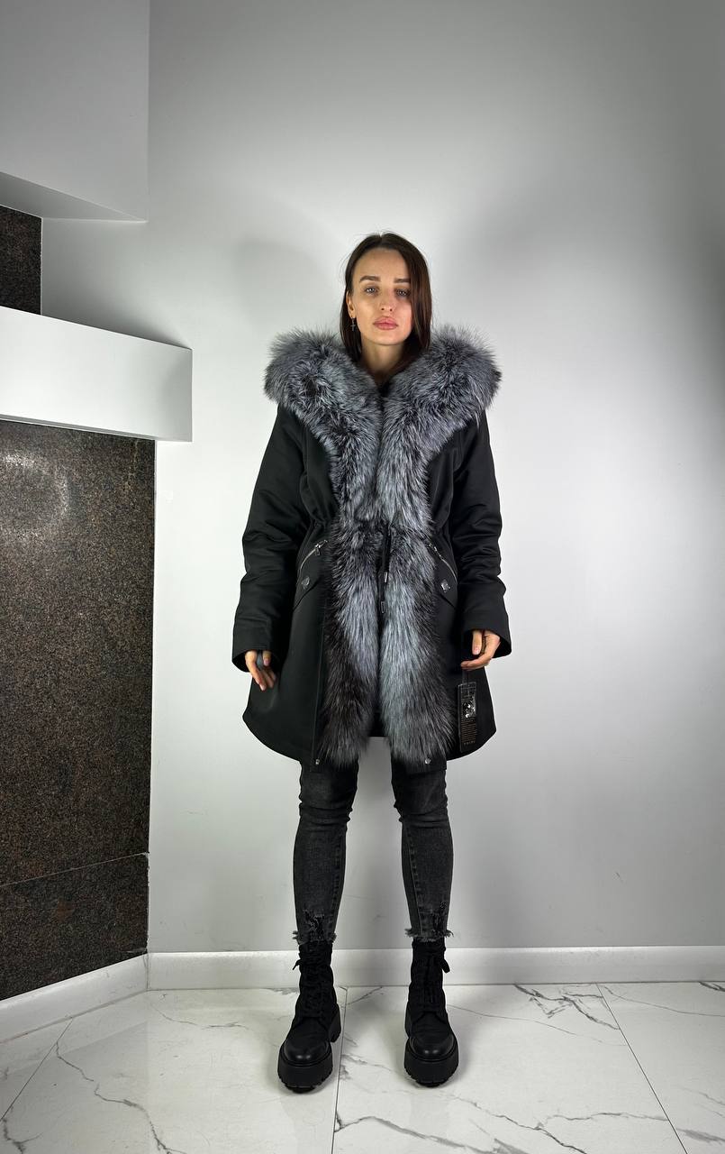 PARKA Baltic XM Black ar Sudraba lapsas kažokādu un oderi Rex truša kažokāda sievietēm 90 cm
