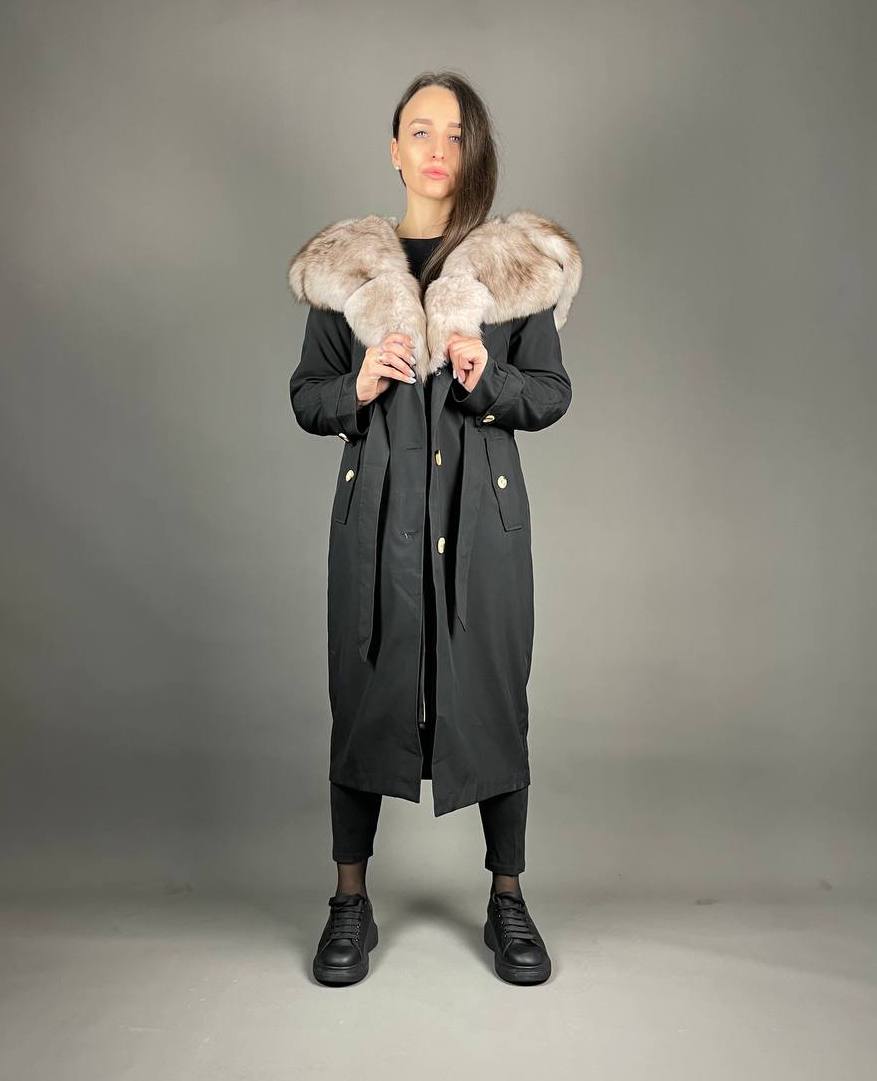 PARKA-TRENCH Baltic Black ar Beigie Artic kažokādu un Rex truša kažokādu sievietēm 110 cm