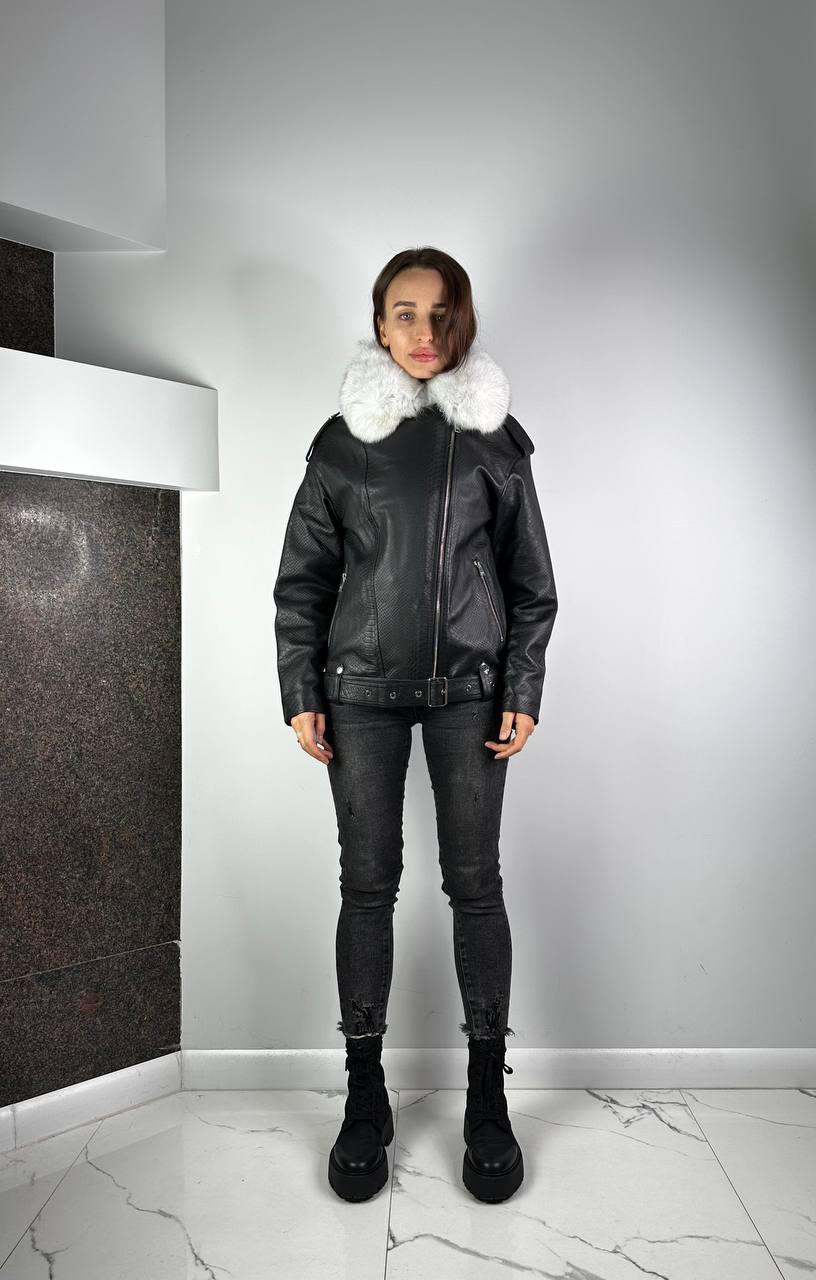 Ādas jaka ar Natural Artic Fox kažokādu Black/White sievietēm 01650