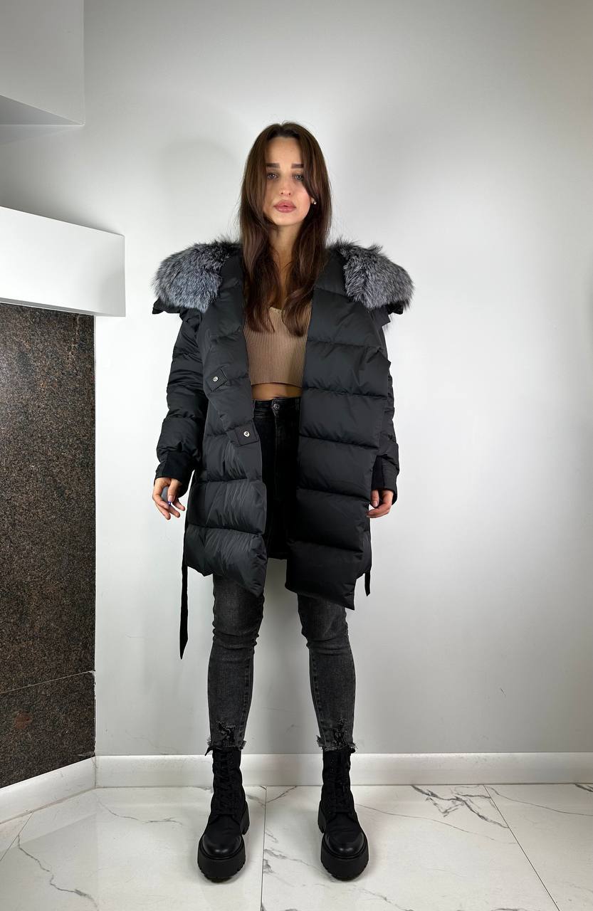 Sieviešu dūnu jaka Melns ar Sudraba lapsas kažokādu, Pilna kapuce Baltic 80 cm