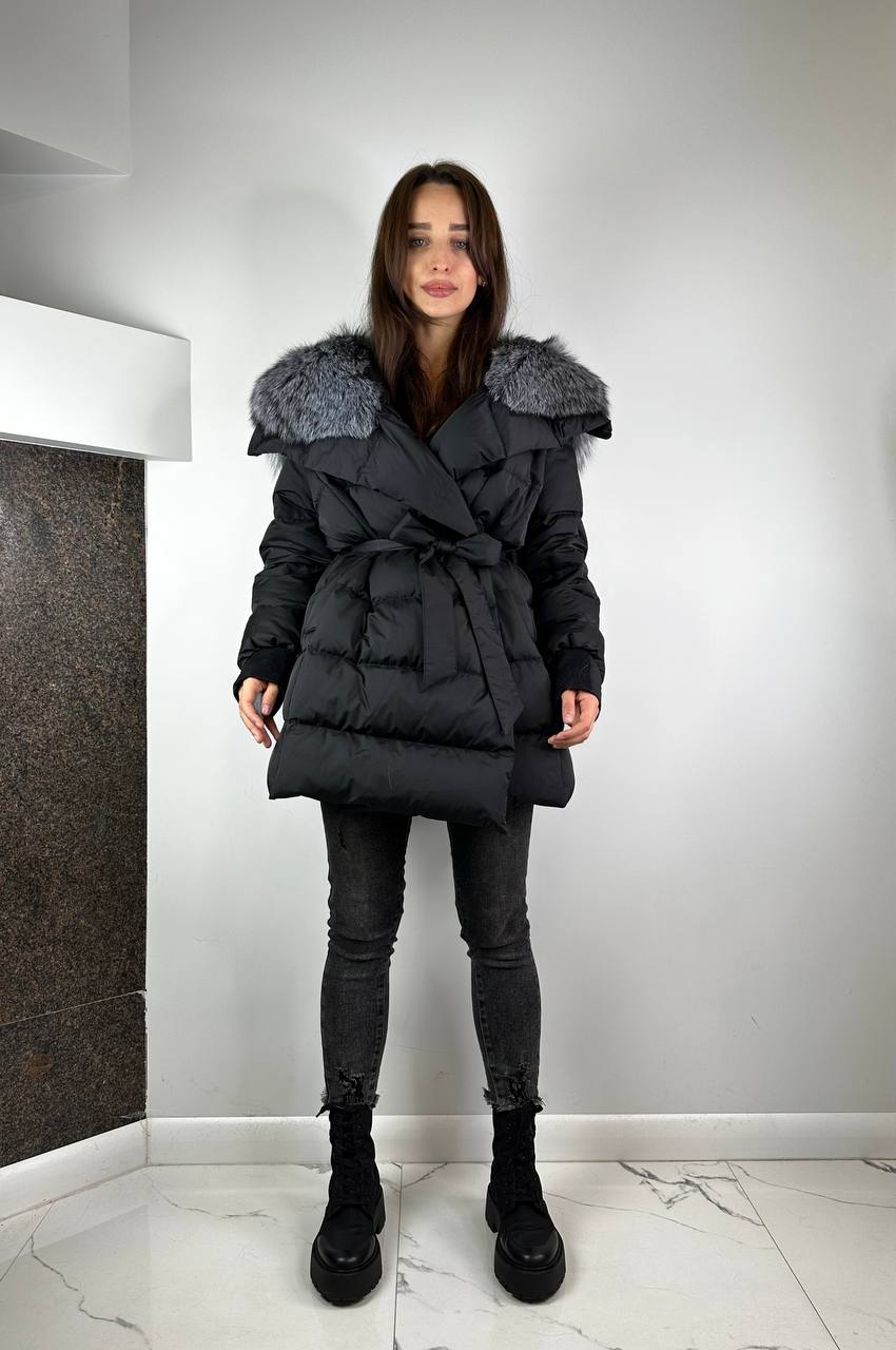 Sieviešu dūnu jaka Melns ar Sudraba lapsas kažokādu, Pilna kapuce Baltic 80 cm