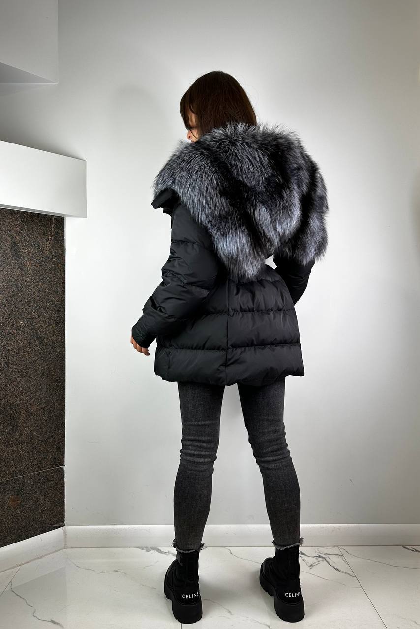 Sieviešu dūnu jaka Melns ar Sudraba lapsas kažokādu, Pilna kapuce Baltic 80 cm