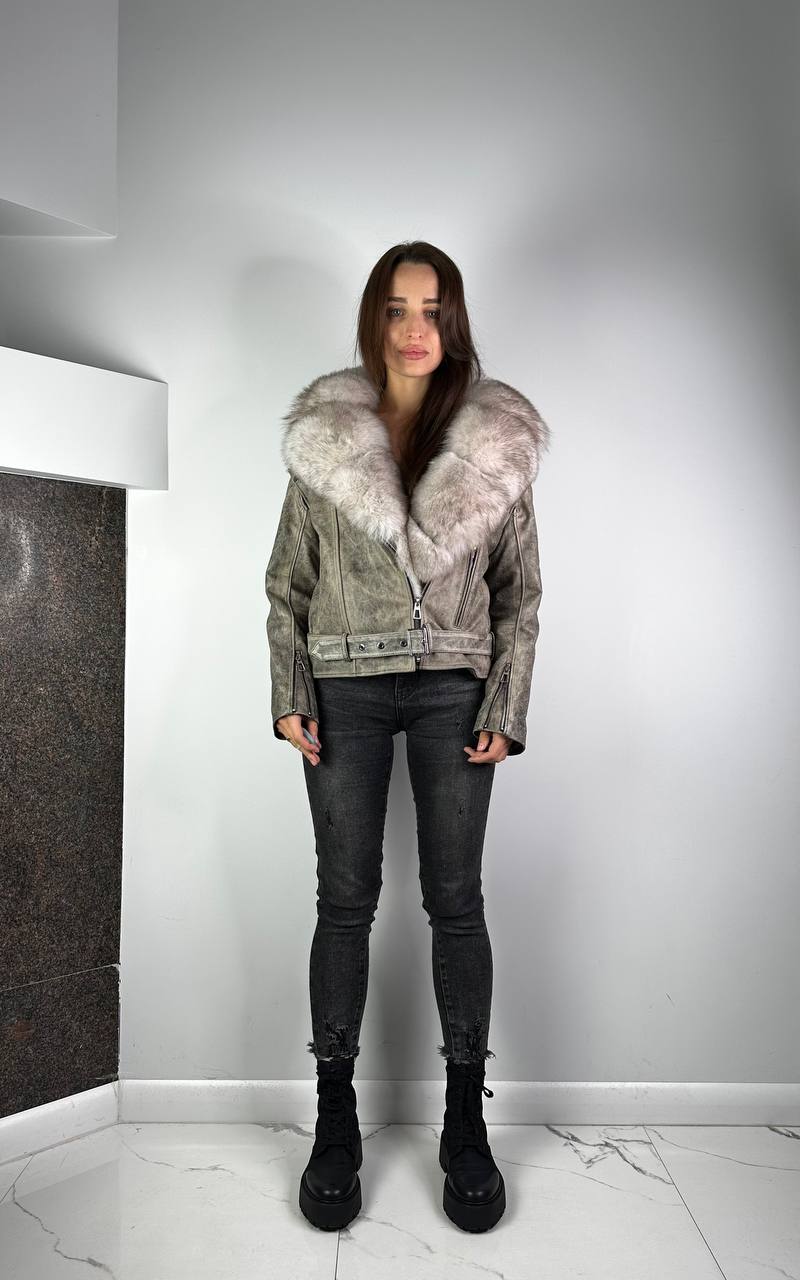 Ādas vintage jaka Grey/Beige sievietēm