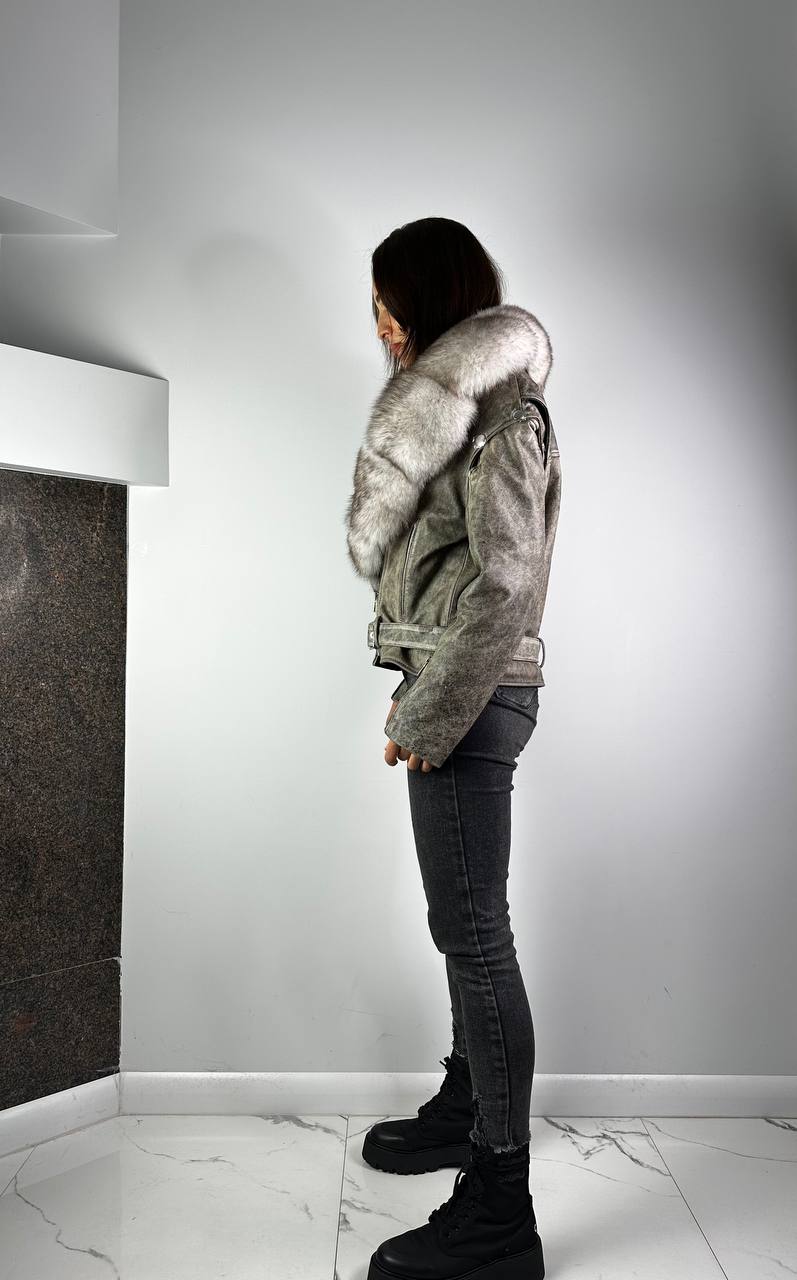 Ādas vintage jaka Grey/Beige sievietēm