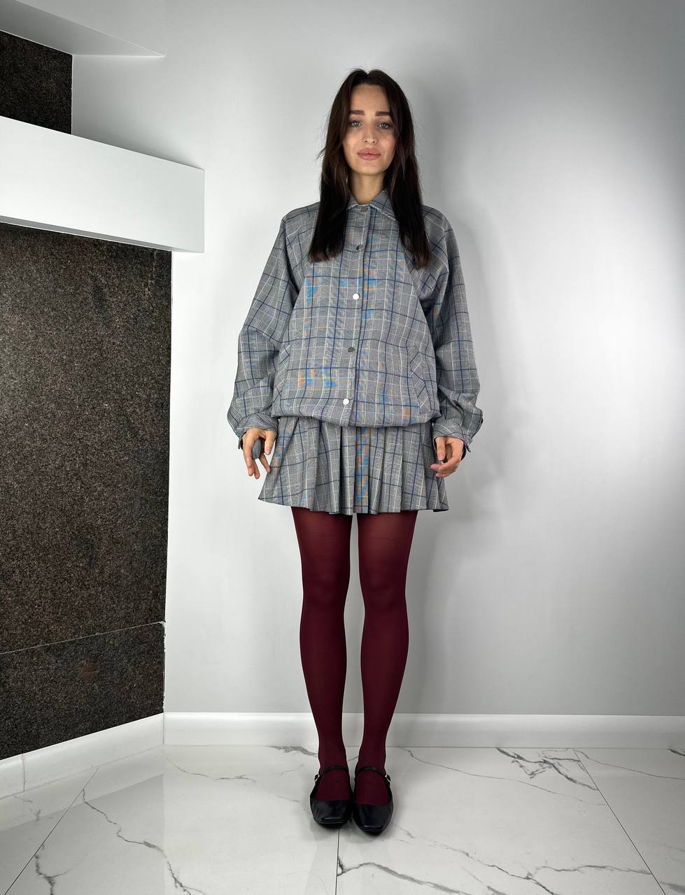 Grey suits Bomper + pleated skirt