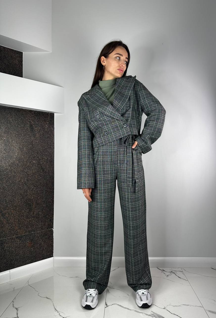 Grey Pantsuit with shortened jacket