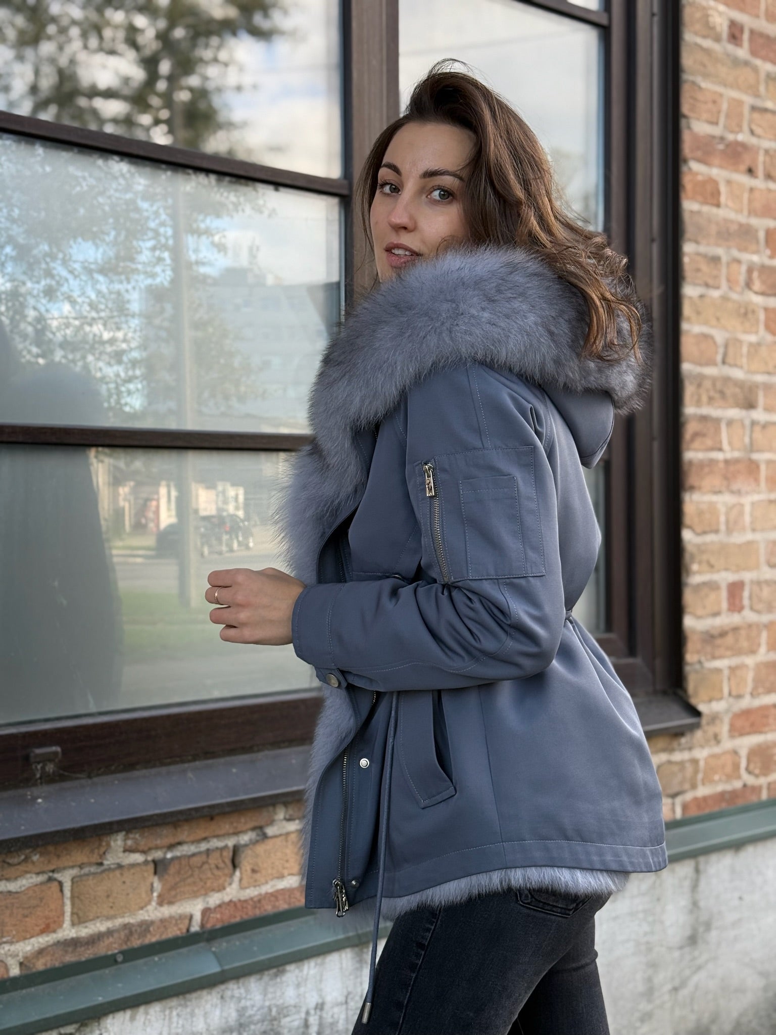 Parka Baltic XM Blue - grey with Grey Artic fur and lining REX Rabbit Fur for women 70 cm