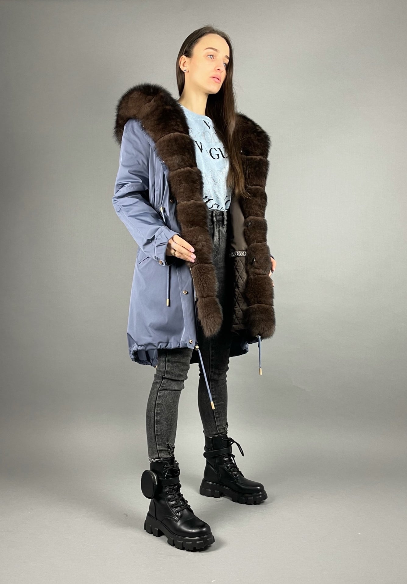 Parka LUX Blue (191) ar brūnu kažokādu (M3) Rex sievietēm 95 cm