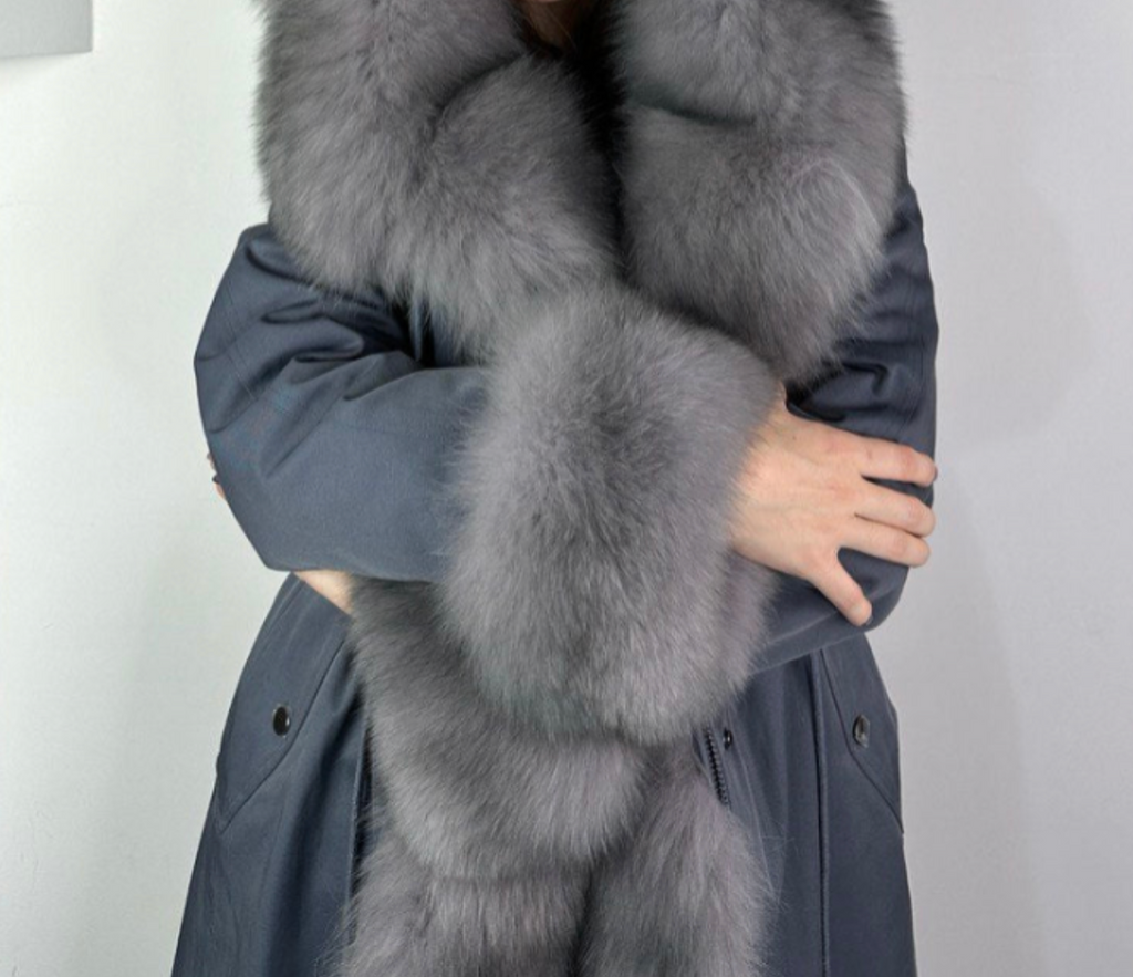 Parka Baltic Classic Light blue with Light graphite Artic fur and Rex rabbit fur for women 105 cm