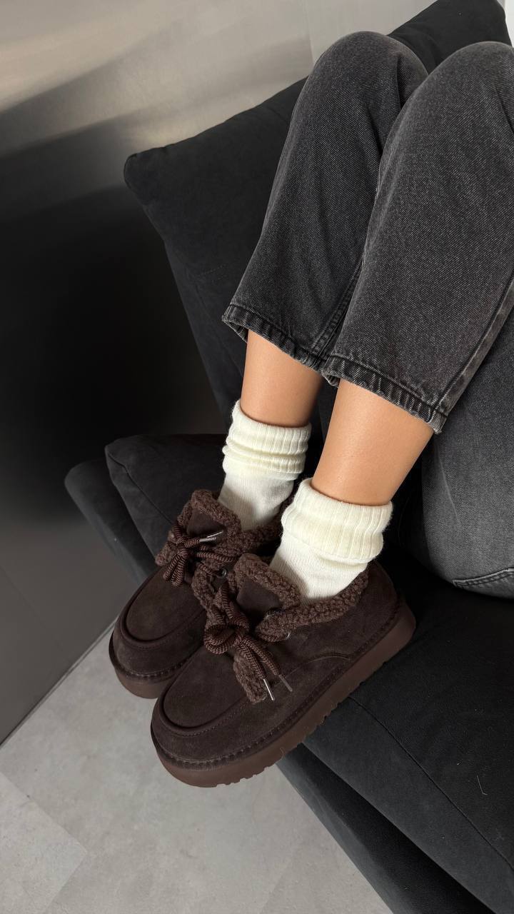 Natural Suede Winter Flat Platform Boots – Chocolate