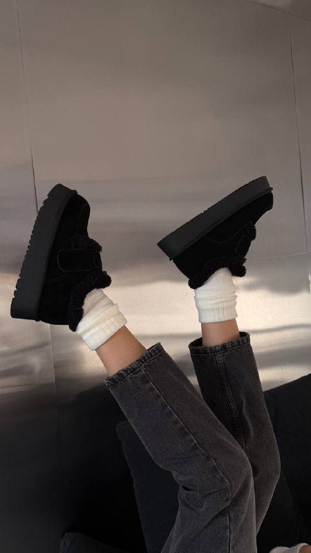 Natural Suede Winter Platform Boots – Chocolate / Black / Beige