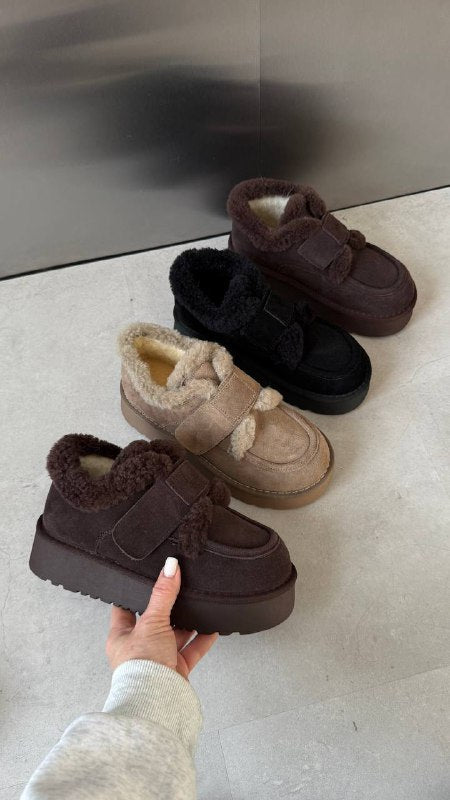 Natural Suede Winter Platform Boots – Chocolate / Black / Beige