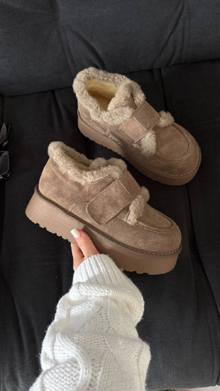 Natural Suede Winter Platform Boots – Chocolate / Black / Beige