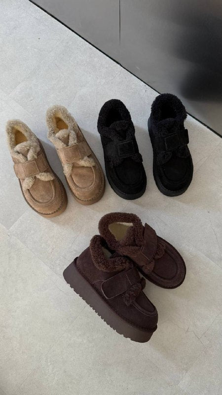 Natural Suede Winter Platform Boots – Chocolate / Black / Beige