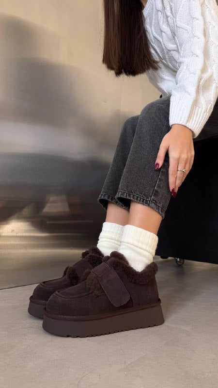 Natural Suede Winter Platform Boots – Chocolate / Black / Beige