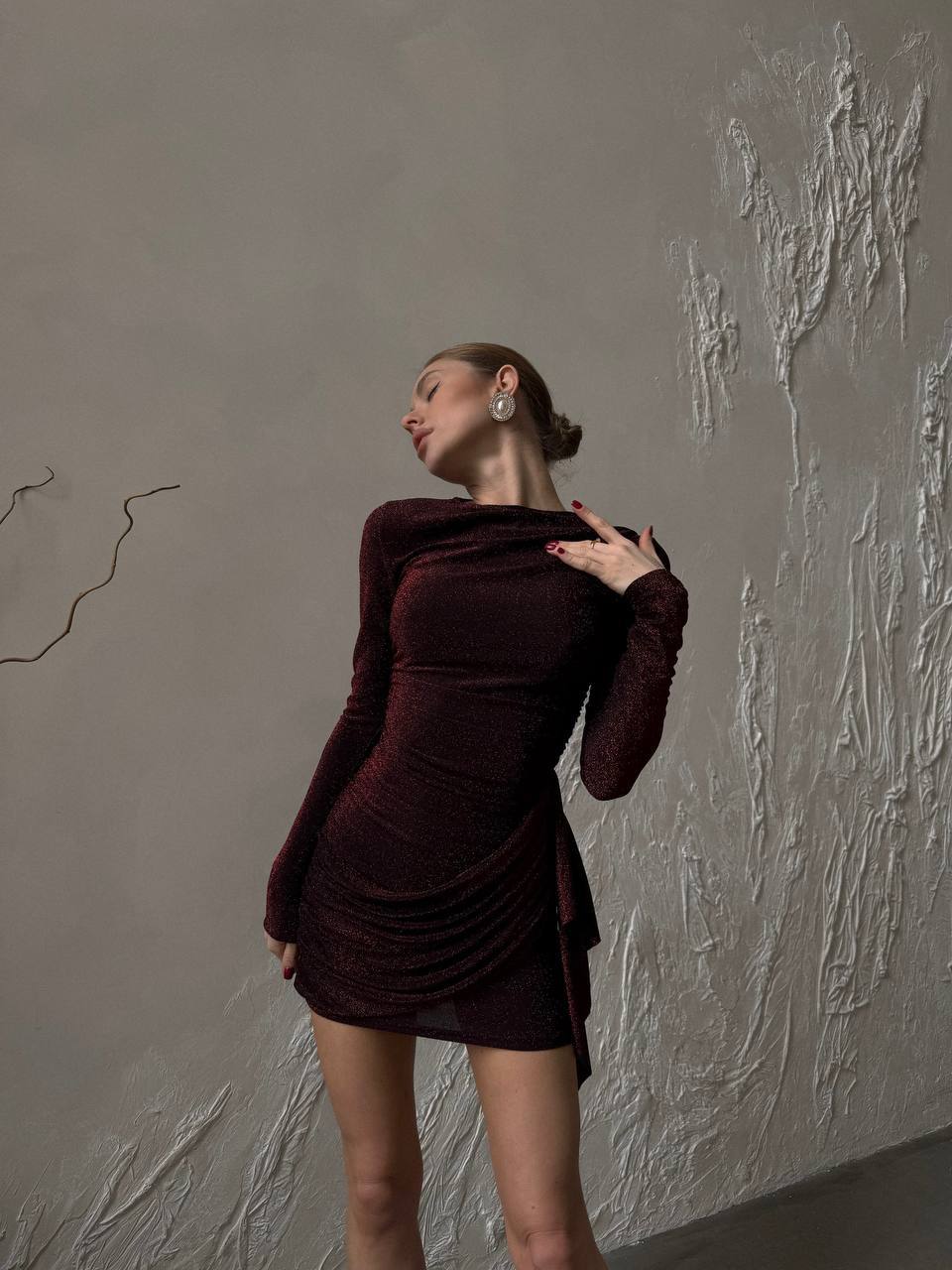 Burgundy Glitter Draped Mini Dress