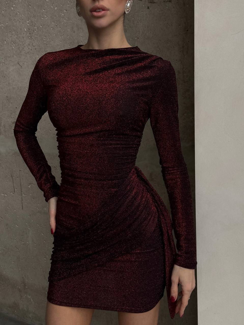 Burgundy Glitter Draped Mini Dress