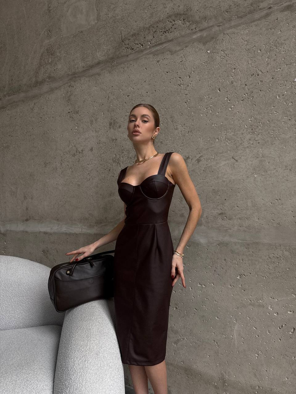 Eco-Leather Corset Midi Dress – Chocolate