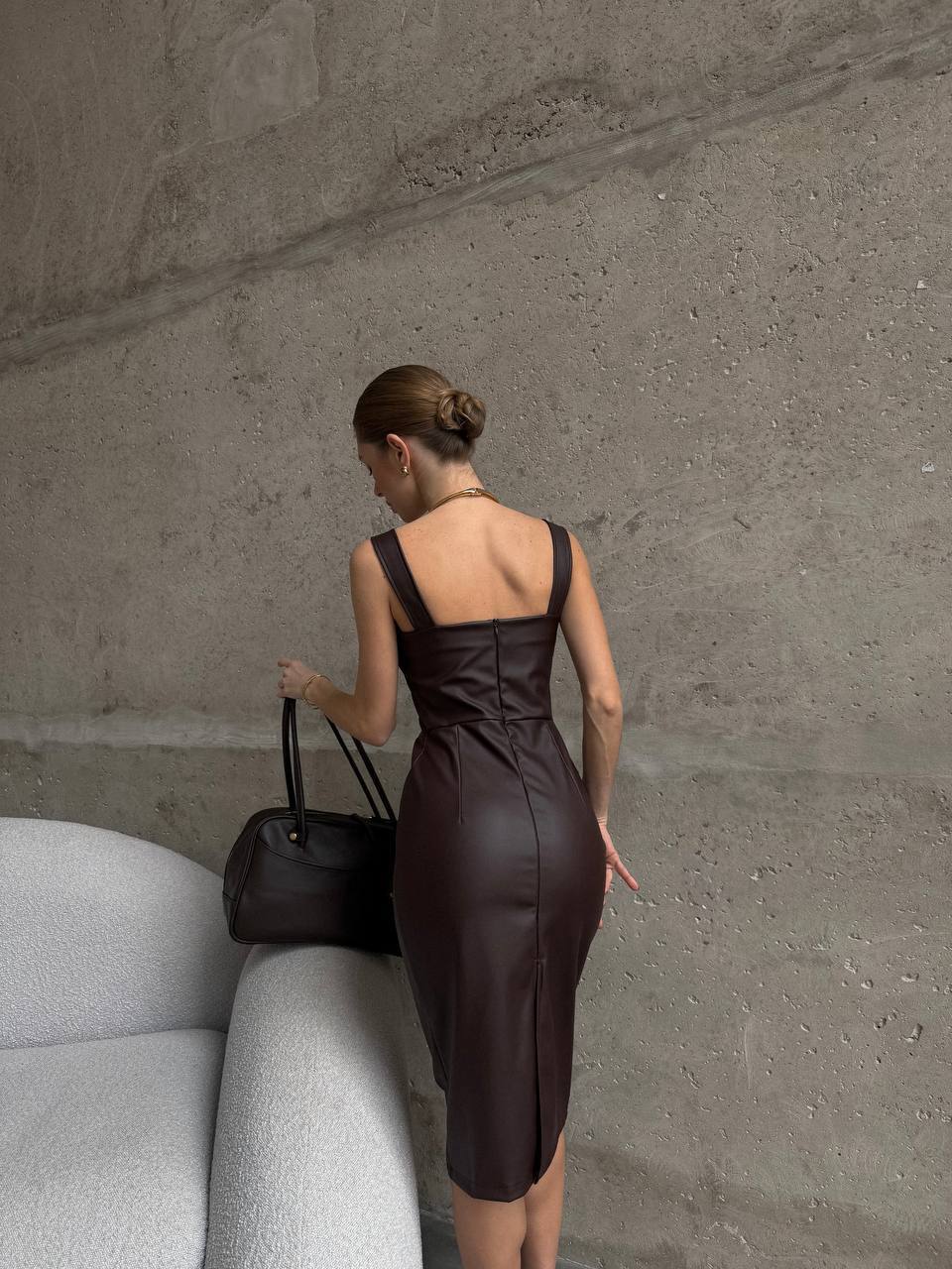 Eco-Leather Corset Midi Dress – Chocolate