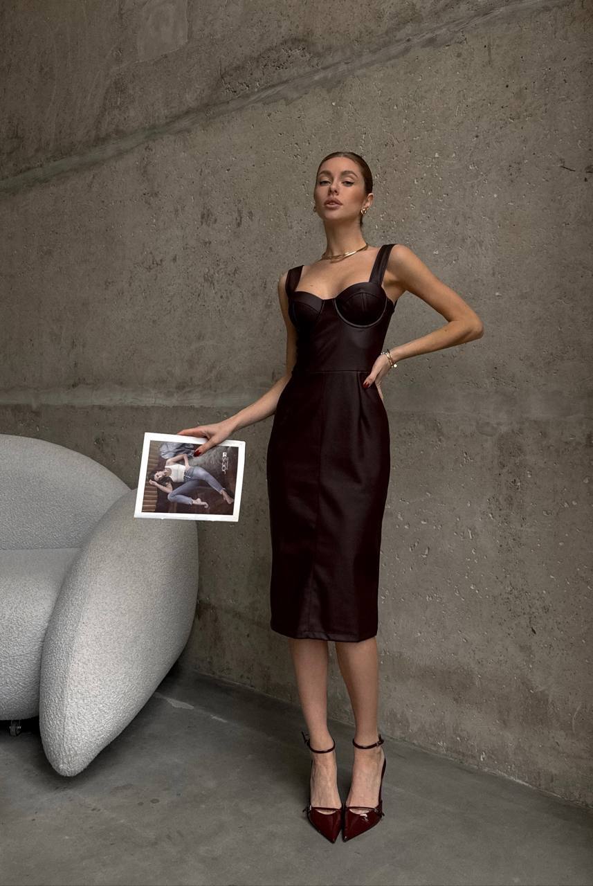 Eco-Leather Corset Midi Dress – Chocolate
