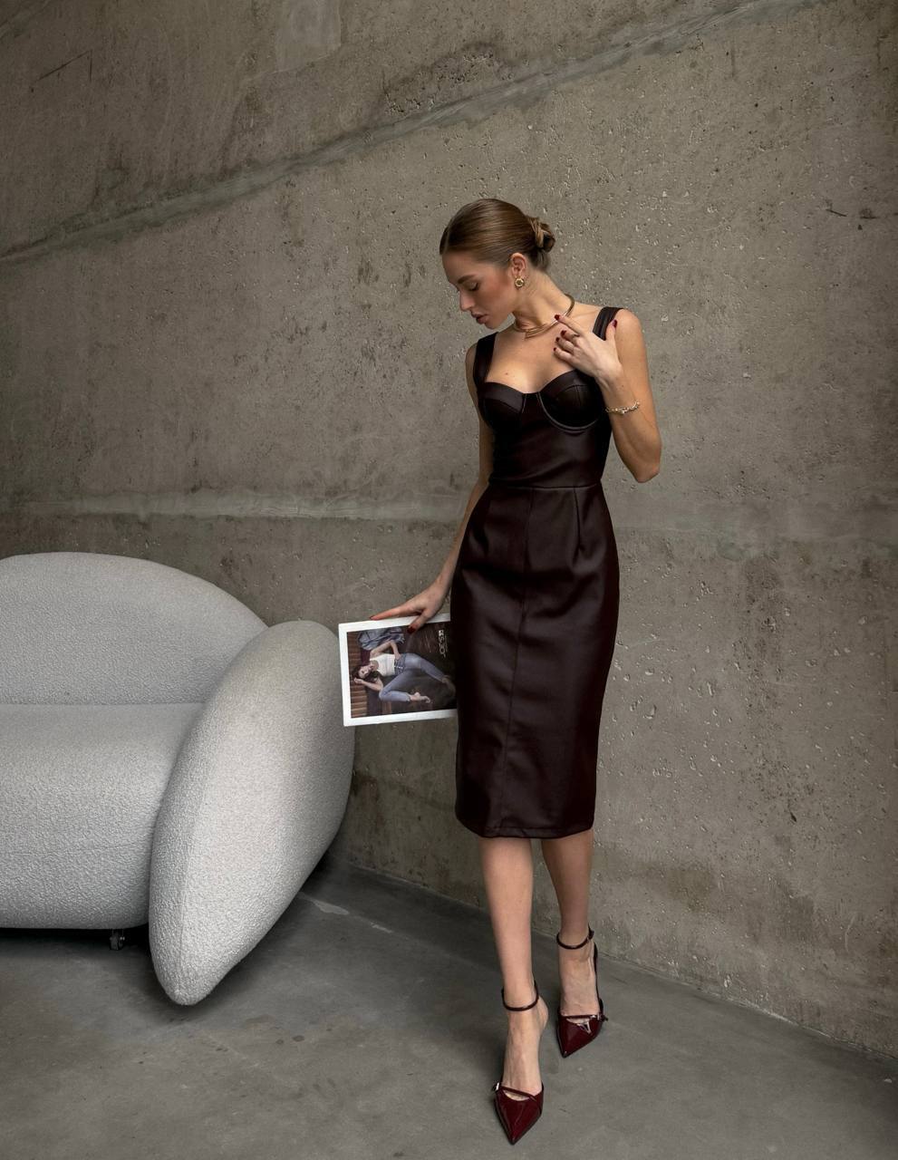 Eco-Leather Corset Midi Dress – Chocolate