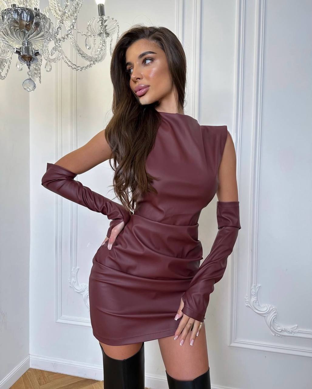 Faux Leather Bodycon Dress with Gloves – Chocolate / Black / Bordeaux
