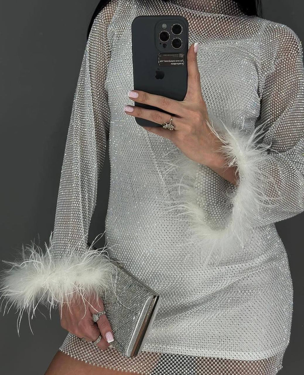 Shimmer Mesh Mini Dress – Silver / Black